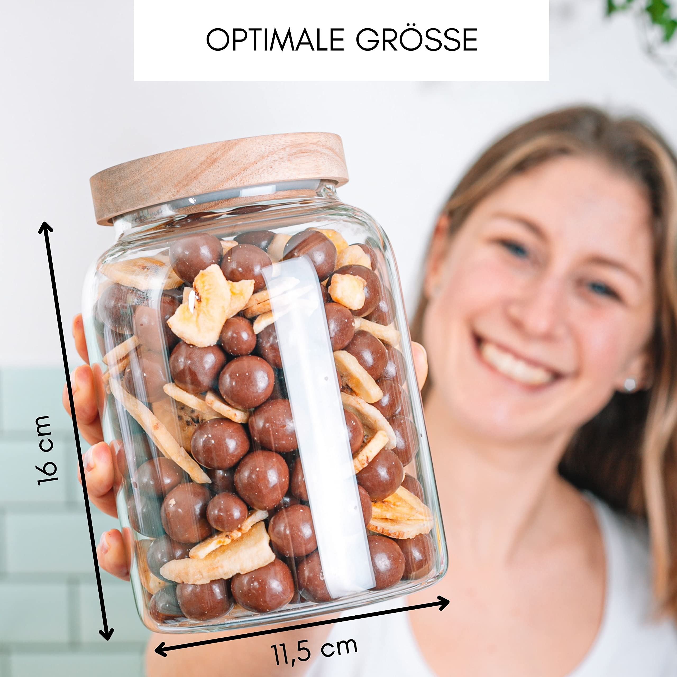 Econovo® Tarros de almacenamiento con tapa (2 piezas) 1200 ml, tarros de cristal con tapa de madera, herméticos, recipientes de almacenamiento para alimentos, grandes y pequeños