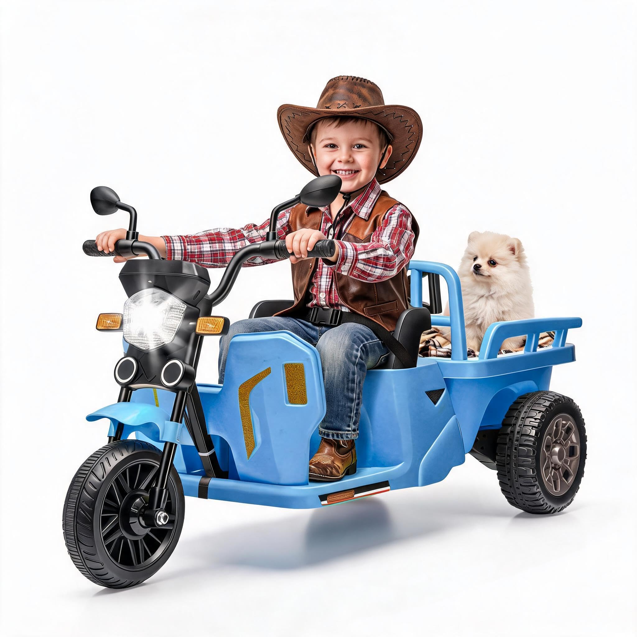 Kids Electric Motorcycle Ride-on ToyLED Lights Music Horn Dump Truck Storage Trailer for Ages 3-8 12V 3-Wheel Battery Powered Trike Light Blue