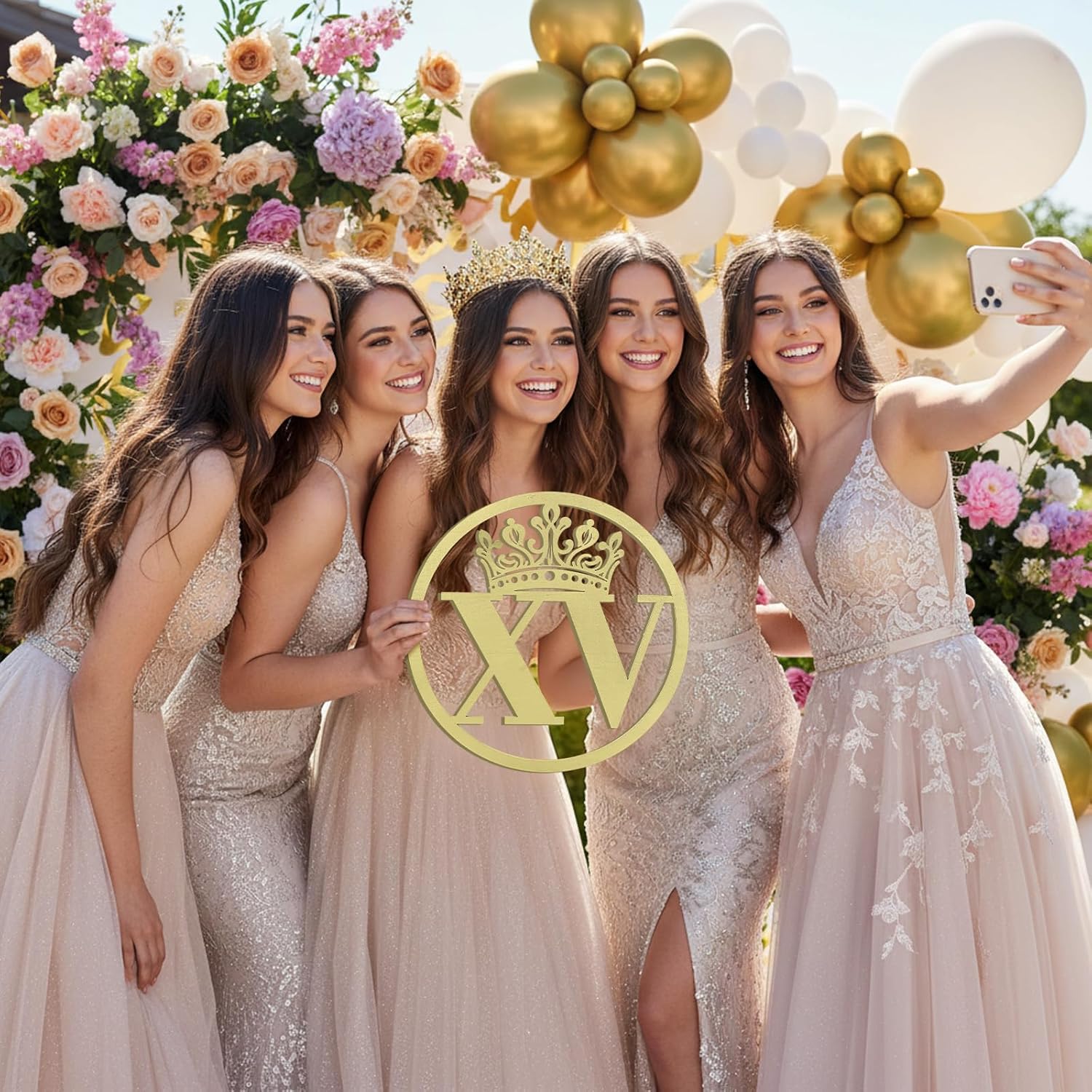 Yuntau Mis Quince Sign Quinceanera Decorations XV Sign 16 x 16 In Round Large XV Crown Wooden Quinceanera Party Wood Banner Background Wall Decor 15th Birthday Gift for Wall Decor Birthday Photo Prop