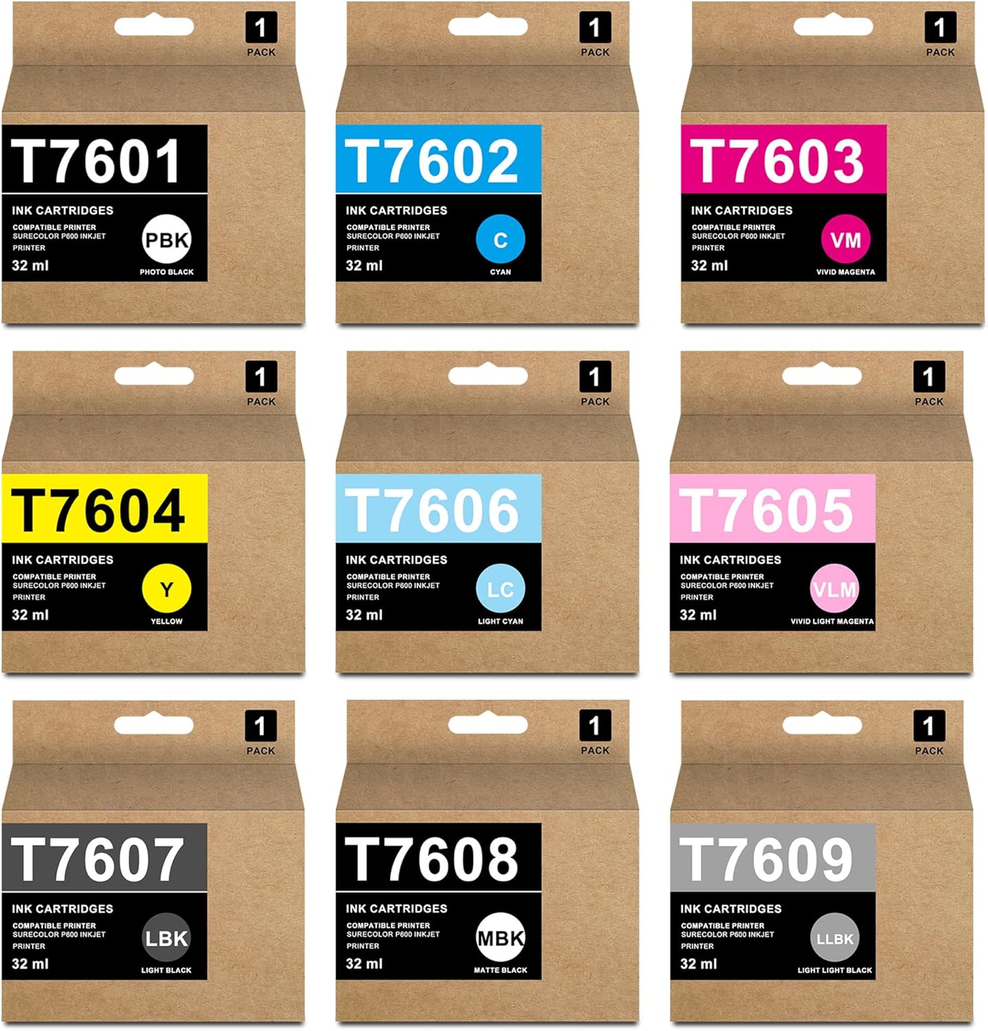 Remanufactured T760 Ink Cartridges T7601 T7602 T7603 T7604 T7605 T7606 T7607 T7608 T7609 Ultrachrome HD Ink Cartridge Work for Surecolor P600 Inkjet Printer (9-Pack)