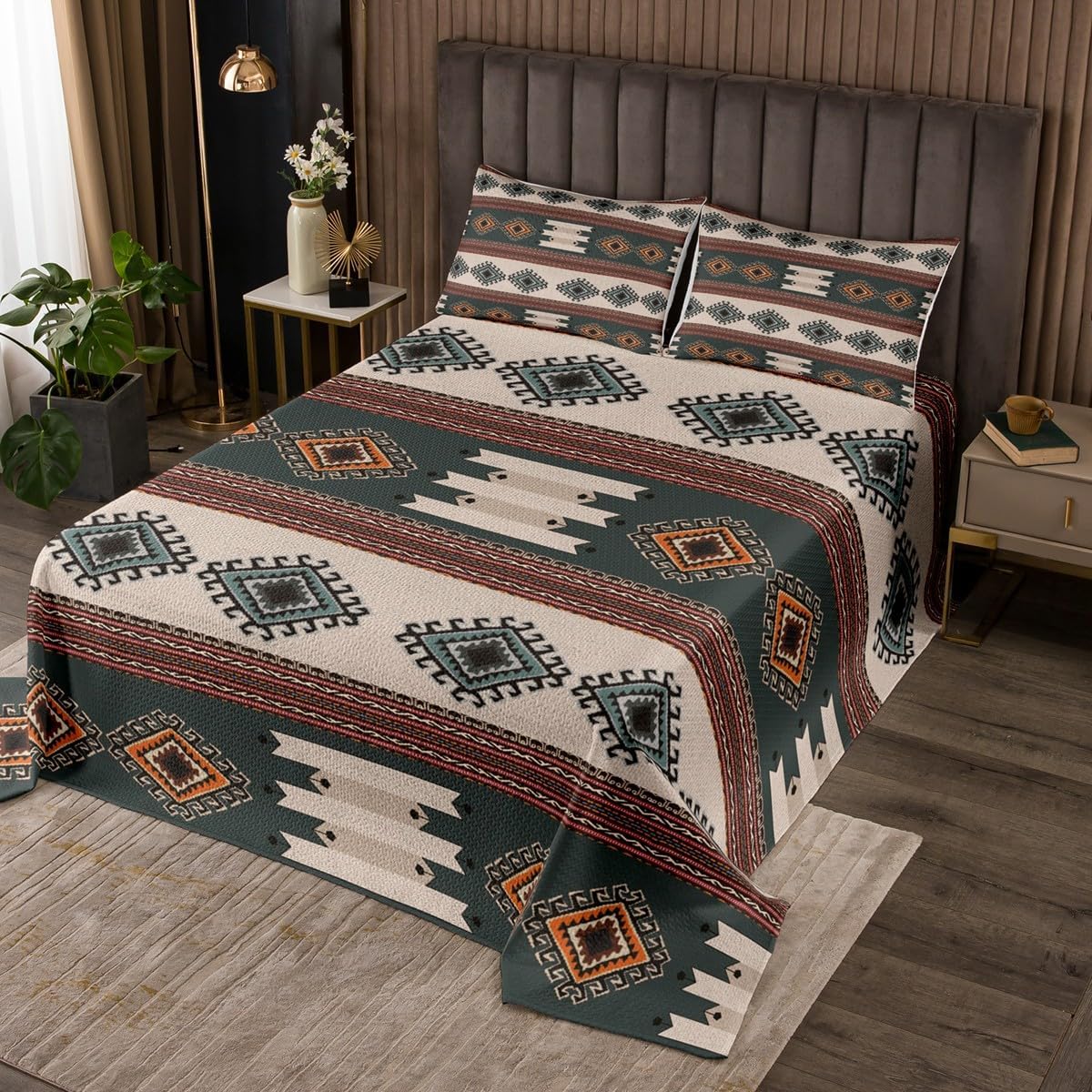 Feelyou Western Quilt Set Twin Size Southwestern Bedspreads for Boys Girls Kids Teens Bedroom Decor Boho Aztec Cowboy Coverlet Women Men Native Geometric Tribal Quilted Bedspread, Brown Blue