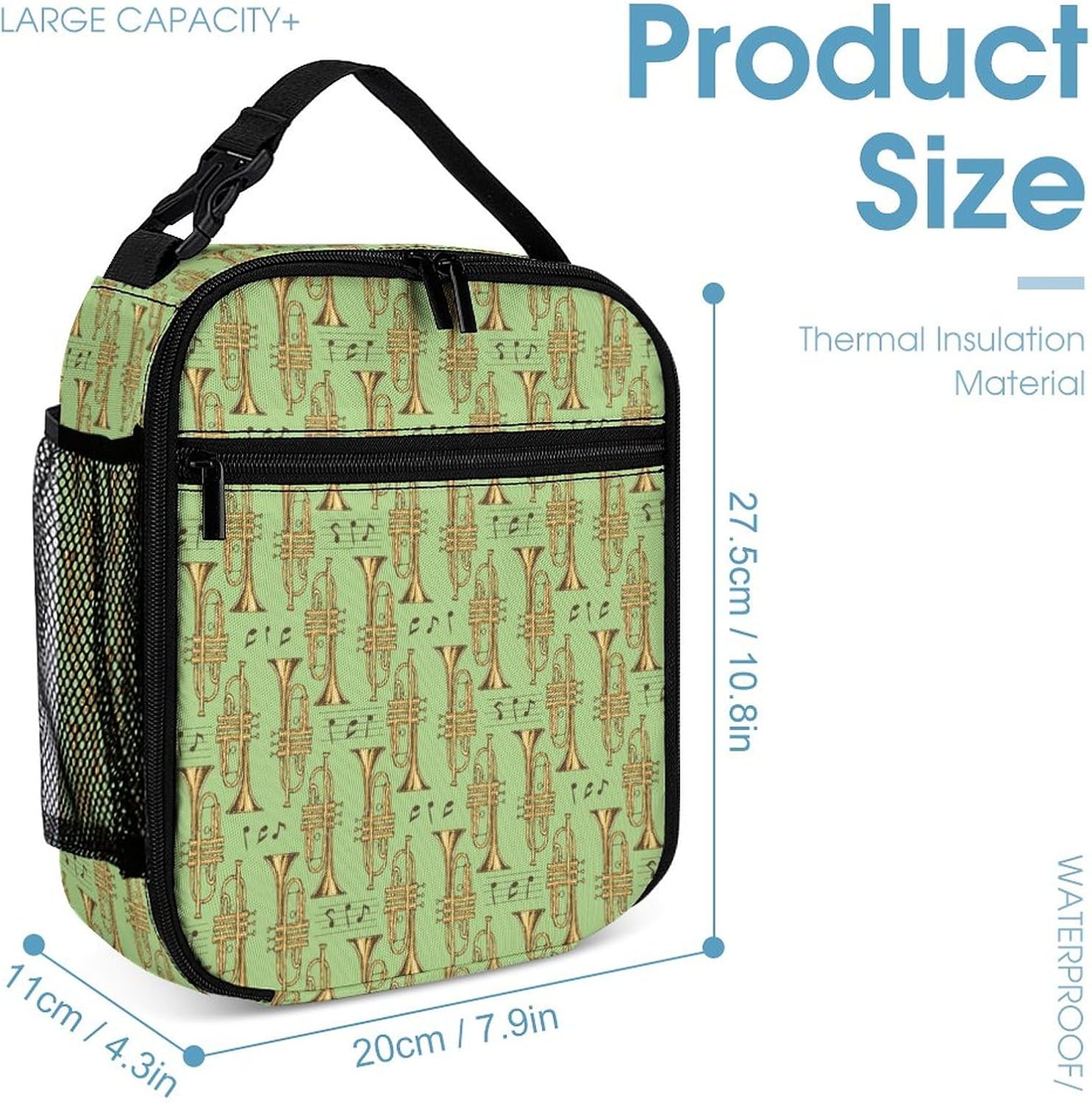 Golden Trombones of Music Notes Pattern 3 Piece Backpack Sets With Lunch Bag Pencil Case Combination Hiking Travel Work