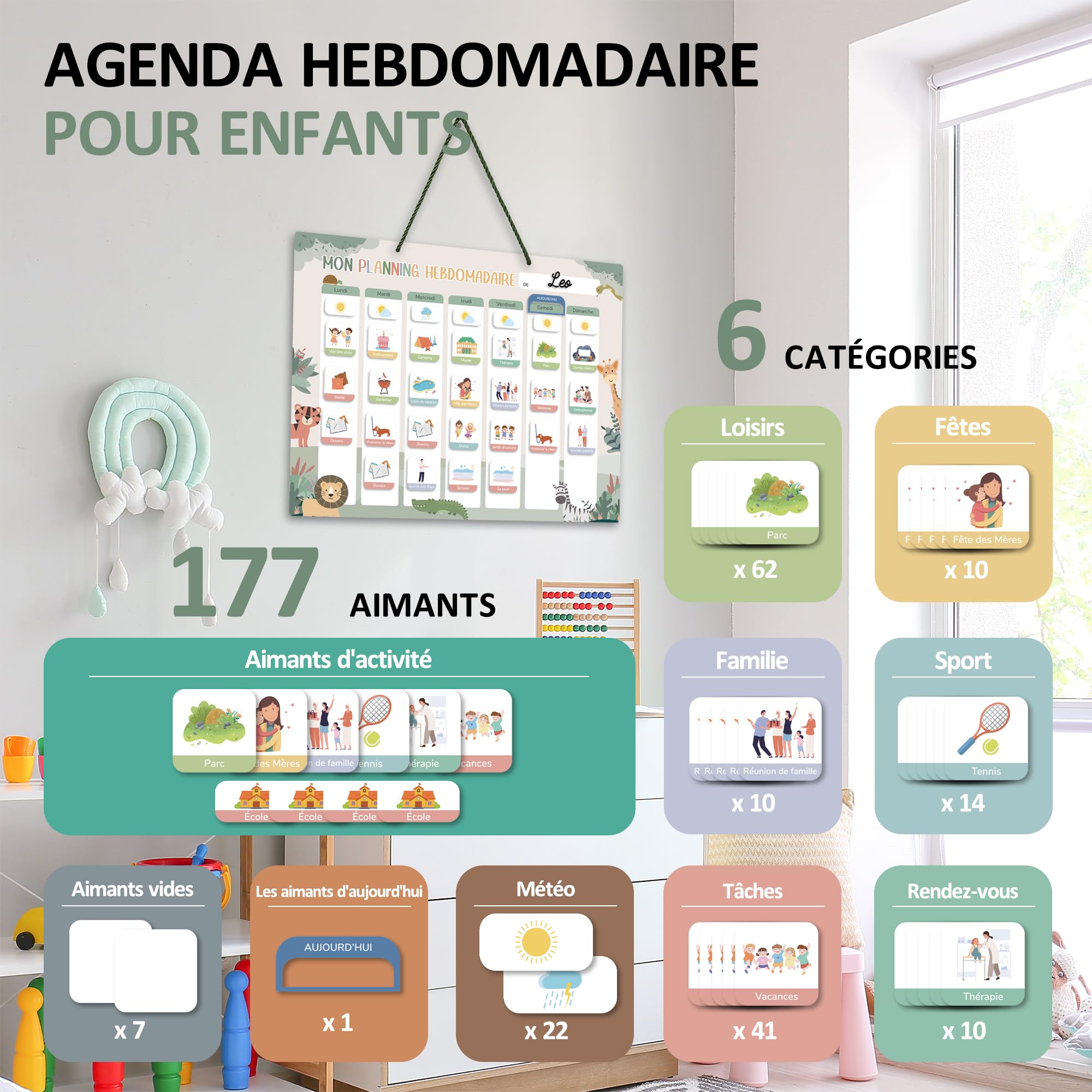 Planning de Semainier Enfant Montessori 42x32 cm avec 177 Aimants - Tableau de Récompense Effaçable et Réutilisable