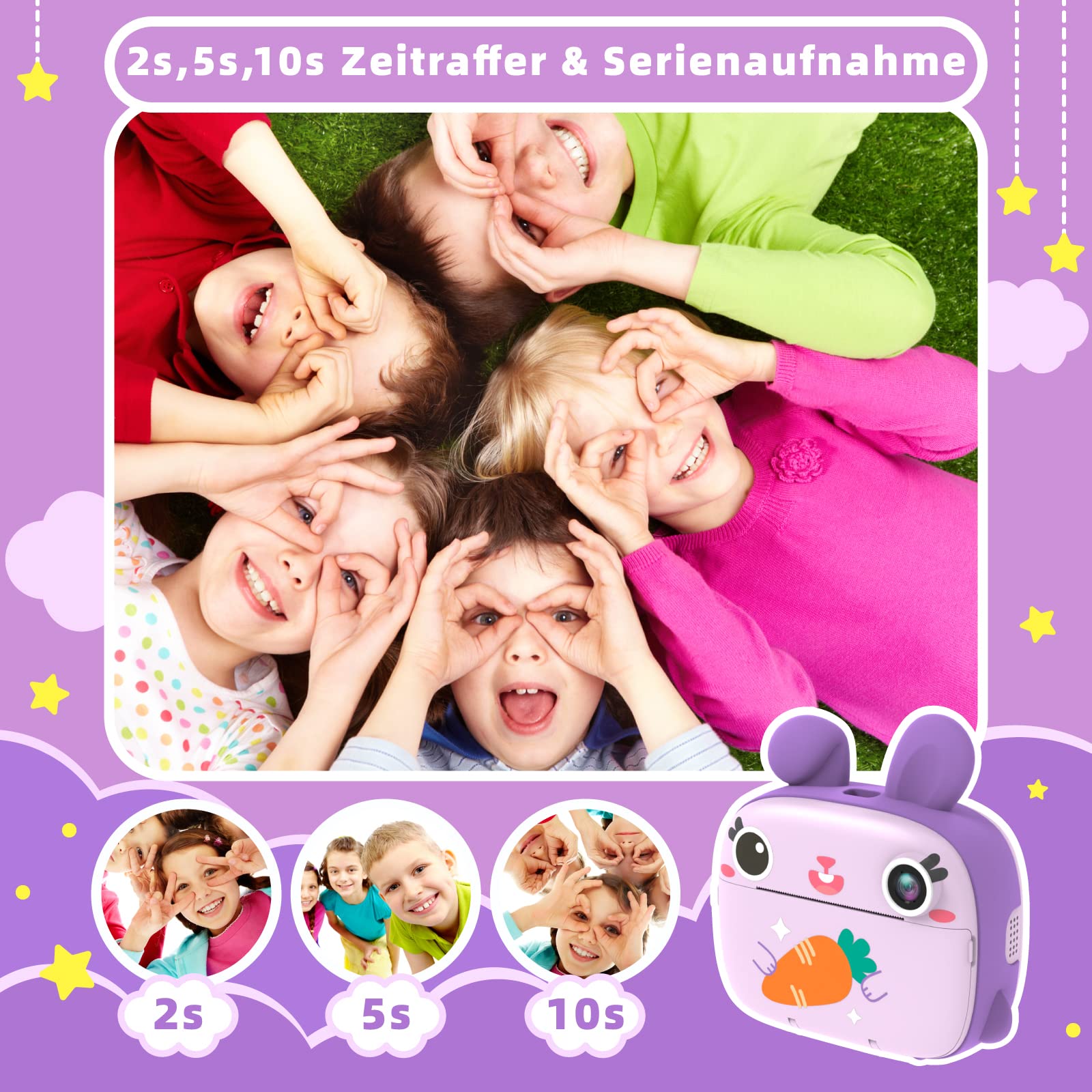 Kinderkamera Sofortbildkamera, CAMCLID Kamera Kinder mit 3 Rollen Thermopapier & 32GB Karte,DigitalKamera & VideoKamera mit 2,4" Bildschirm,Fotokamera Sofortbilder Geschenk für Mädchen Jungen (Lila)