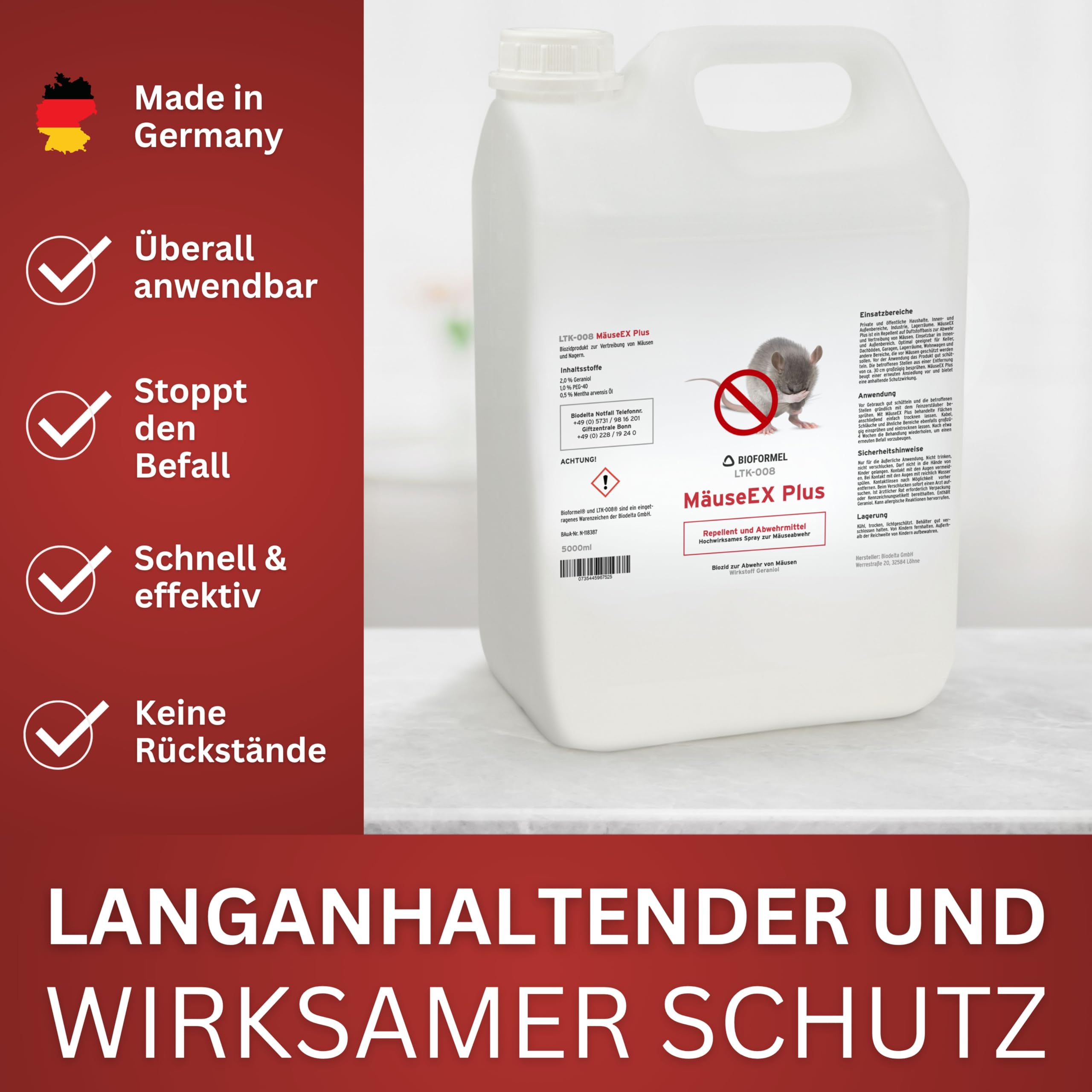 BIOFORMEL Mäuse Ex Spray Plus 5L - Mäuseabwehr & Rattenabwehr - Mäuse vertreiben Abwehrmittel Ratten - Mäusebekämpfung Indoor & Outdoor - Anti Ratten - Spray Mausspray - Wirkstoff Geraniol