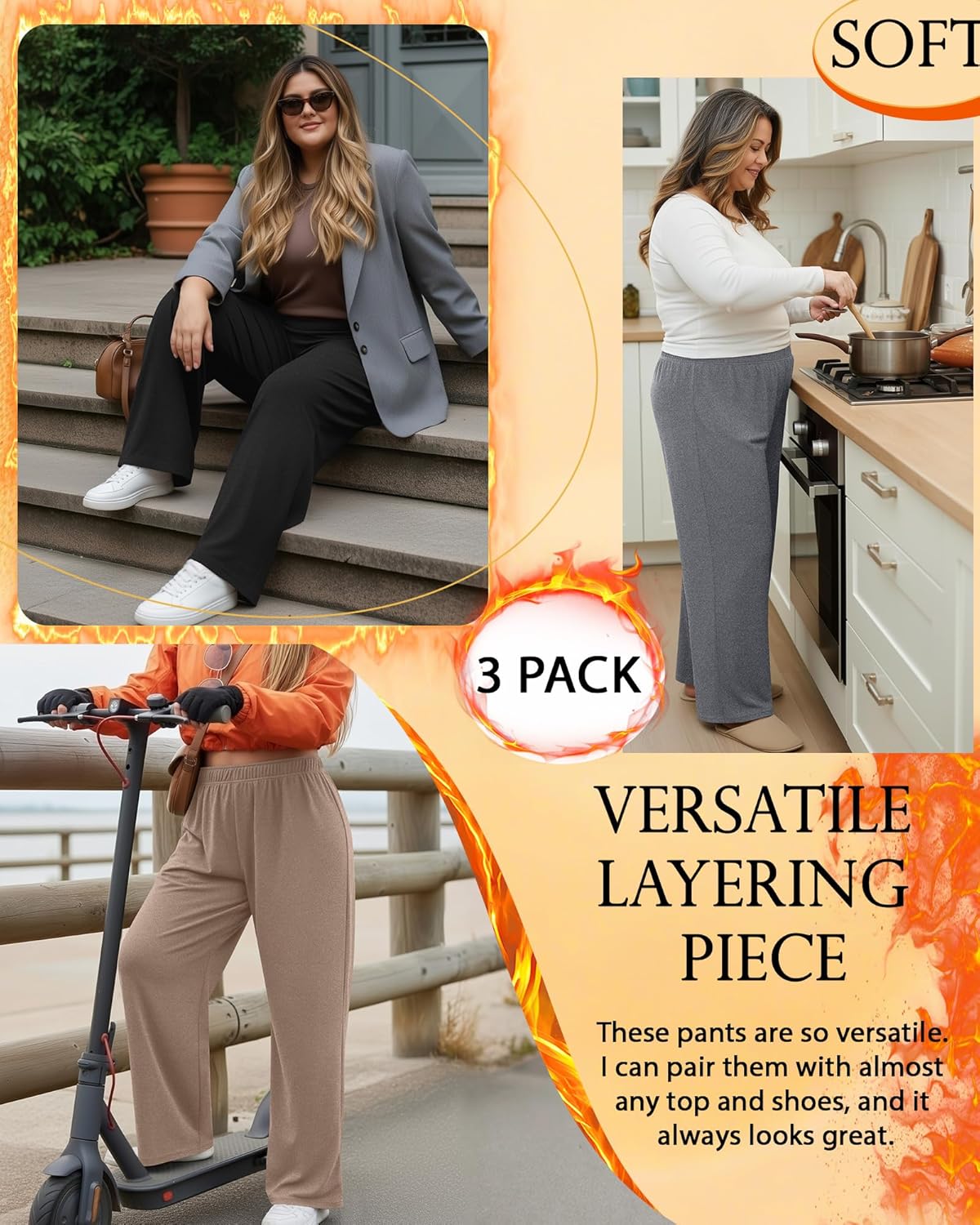 3 Pack Women's Plus Size Fleece Sweatpants Thermal Wide Leg Elastic Baggy Jogger Warm Pants Winter with Pockets - Image 4