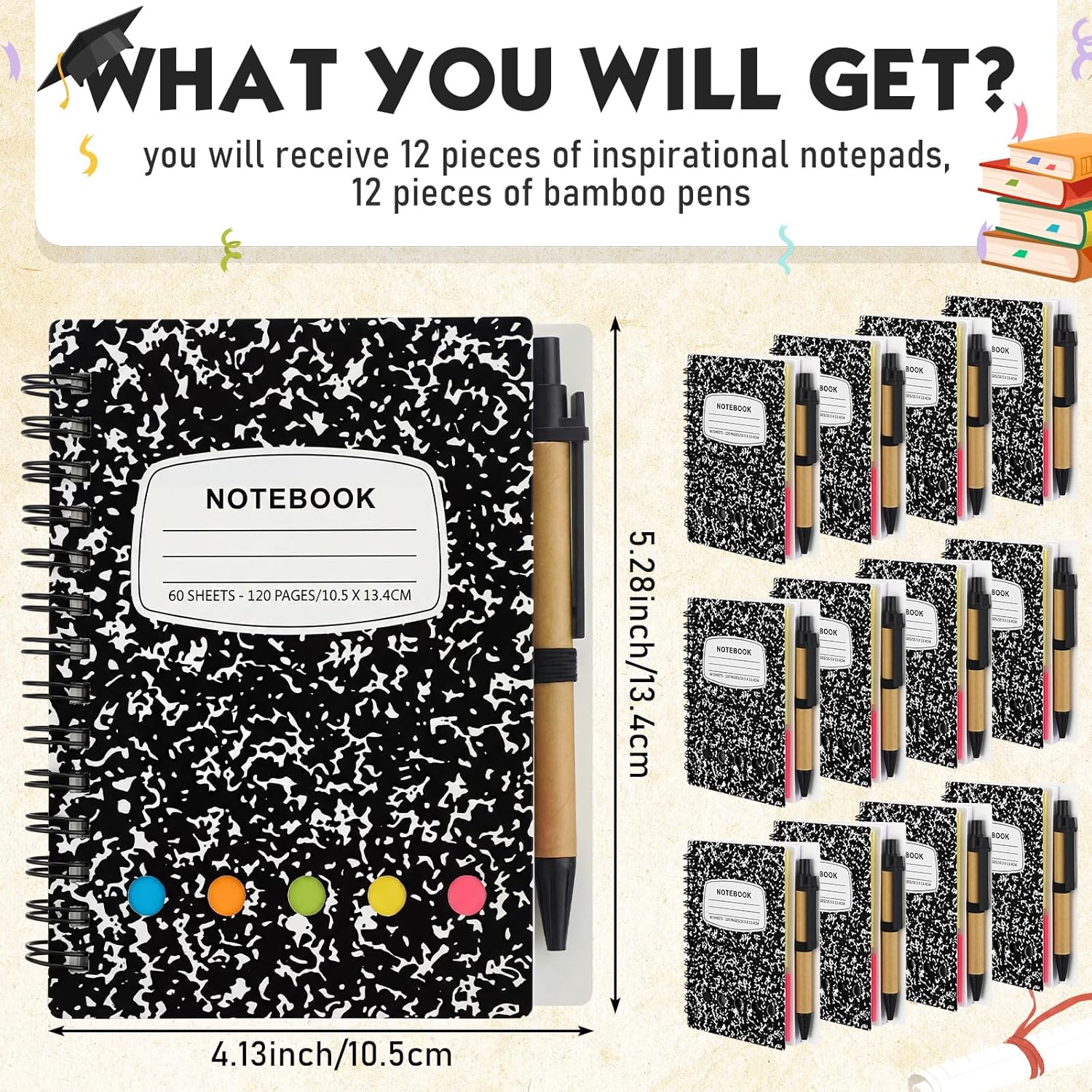 Dunzoom 12 Sets Spiral Notebook Bulk, Steno Pads Lined Notepad with Pen, Sticky Notes Colored Index Tabs, 5.2" x 4.1" Pocket Notebook for Home Business Office Supplies, 60 Sheets (Black)
