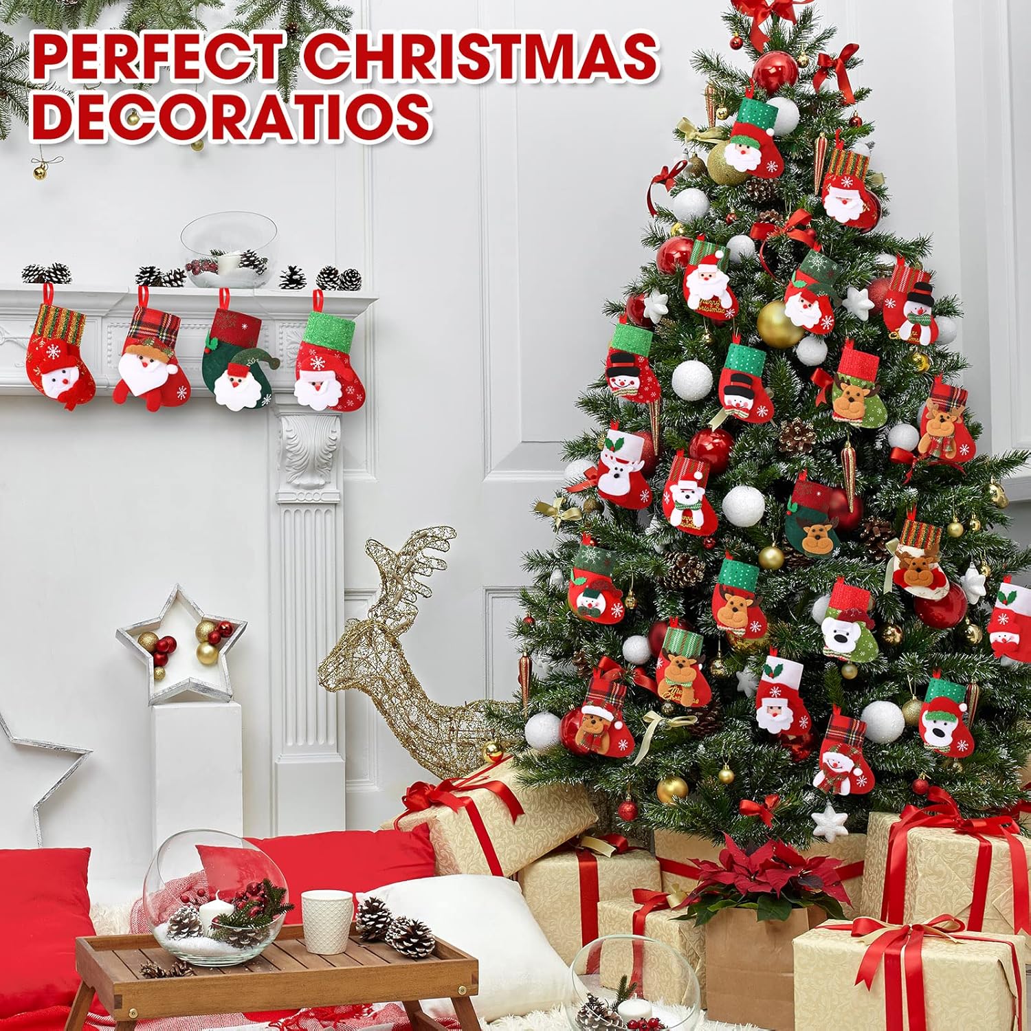 Leitee 80 Pieces Christmas Stockings Mini Xmas Hanging Stocking with Snowflakes 3D Reindeer Bear Santa Claus Snowman Mini Gift Stockings for Holiday Christmas Tree Decoration