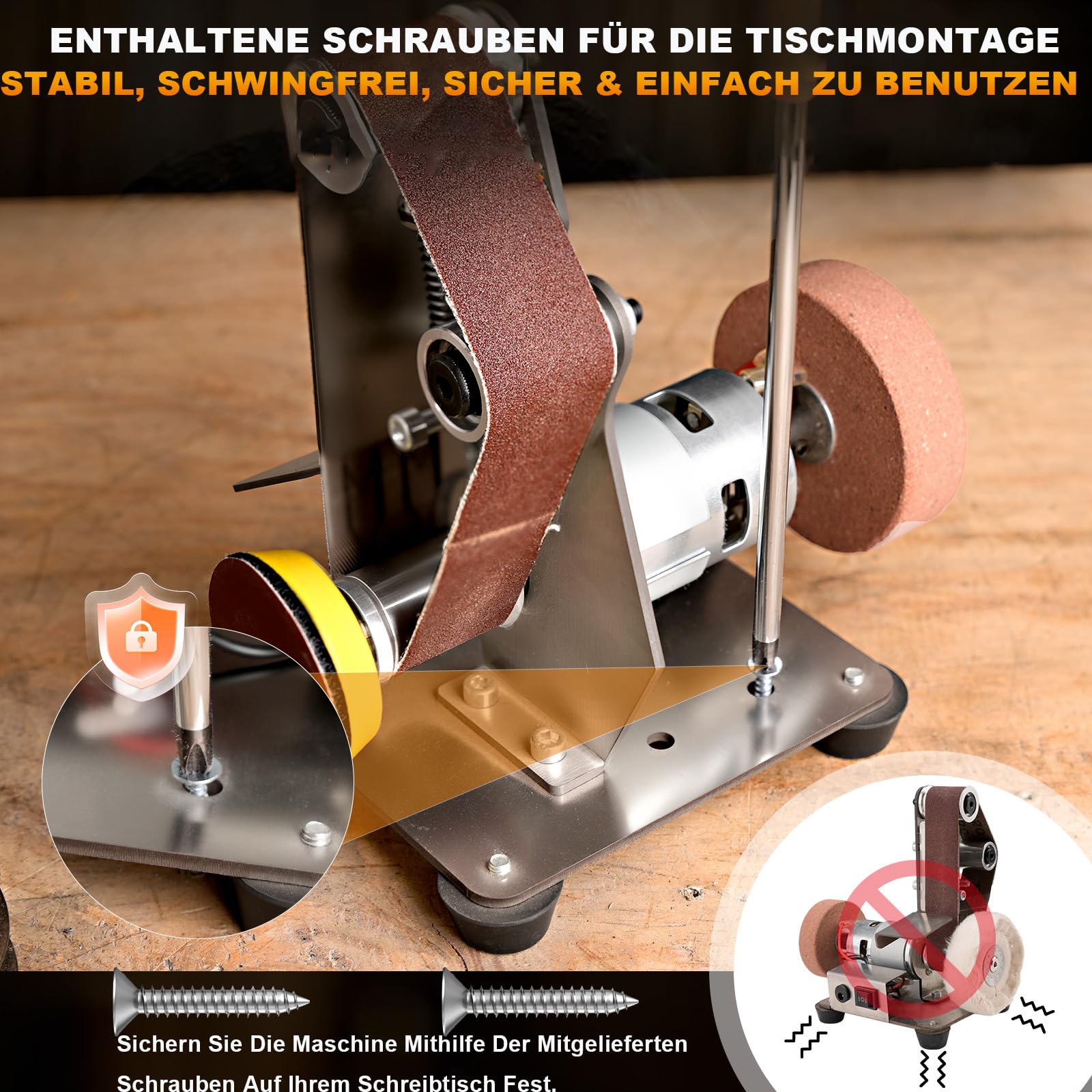 3-in-1 Mini-Bandpolierer mit 7-stufiger Geschwindigkeitsregelung & Niedrigem Lärmpegel – Zum Schleifen & Polieren von Metall, Werkzeugen, Holz & DIY-Projekten