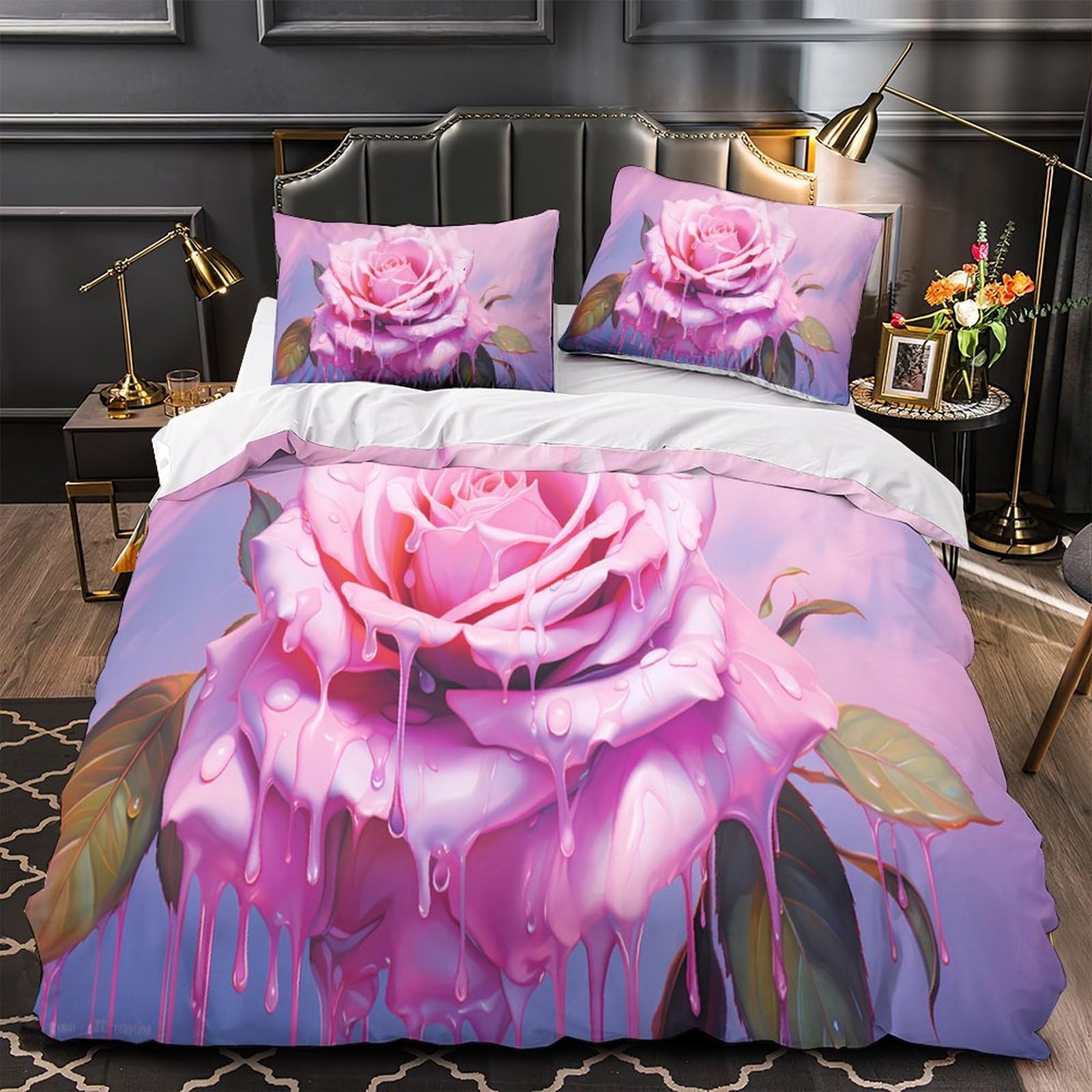 Housse de couette 200x200 marbre rose imprimée 3D et parure de lit hypoallergénique