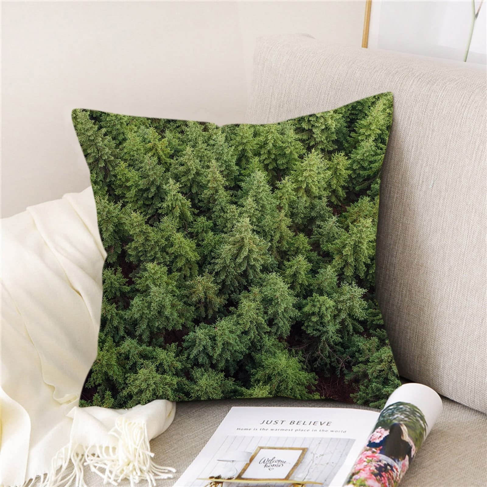 4 fundas de almohada de 50 x 50 cm, funda de almohada verde, densa, árboles, lino, cojín decorativo