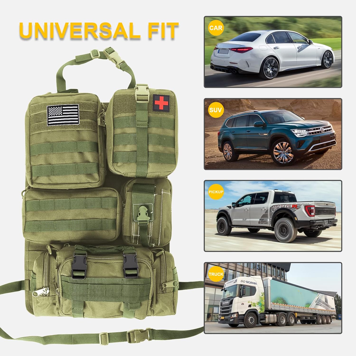 Universal Tactical Seat ​Back Organizer Vehicle Molle Panel Organizer Storage Bag with 5 Detachable Molle Pouch for All Vehicel Such as Jeep,Truck,SUV, Car, Ford,Chevy etc