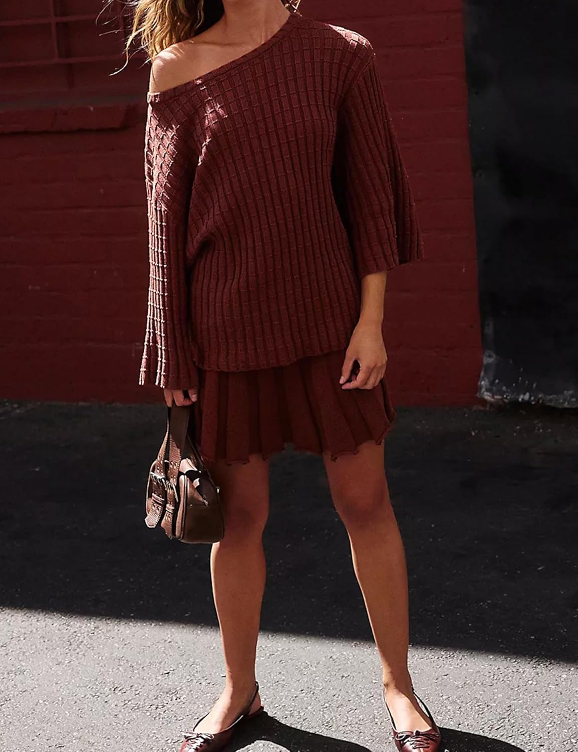 Sweater Set 2 Piece Skirt Sets for Women Two Piece Outfits Casual Loose Knit Pullover Mini Skirt - Image 2