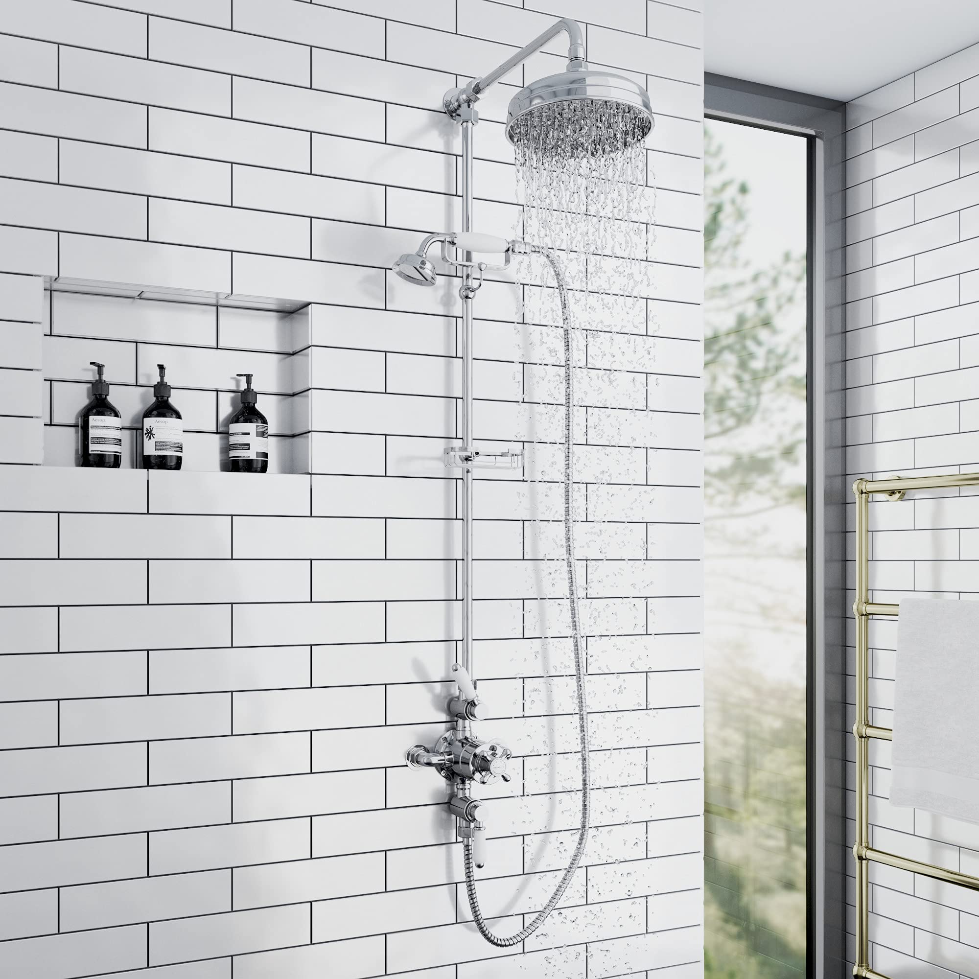 Enki Chrome Downton, Sh0180, Shower Set With 2 Showerhead Outlets & Telephone Style Cradle, Triple Thermostatic Shower Valve, Shower Tap For Bathrooms Showers