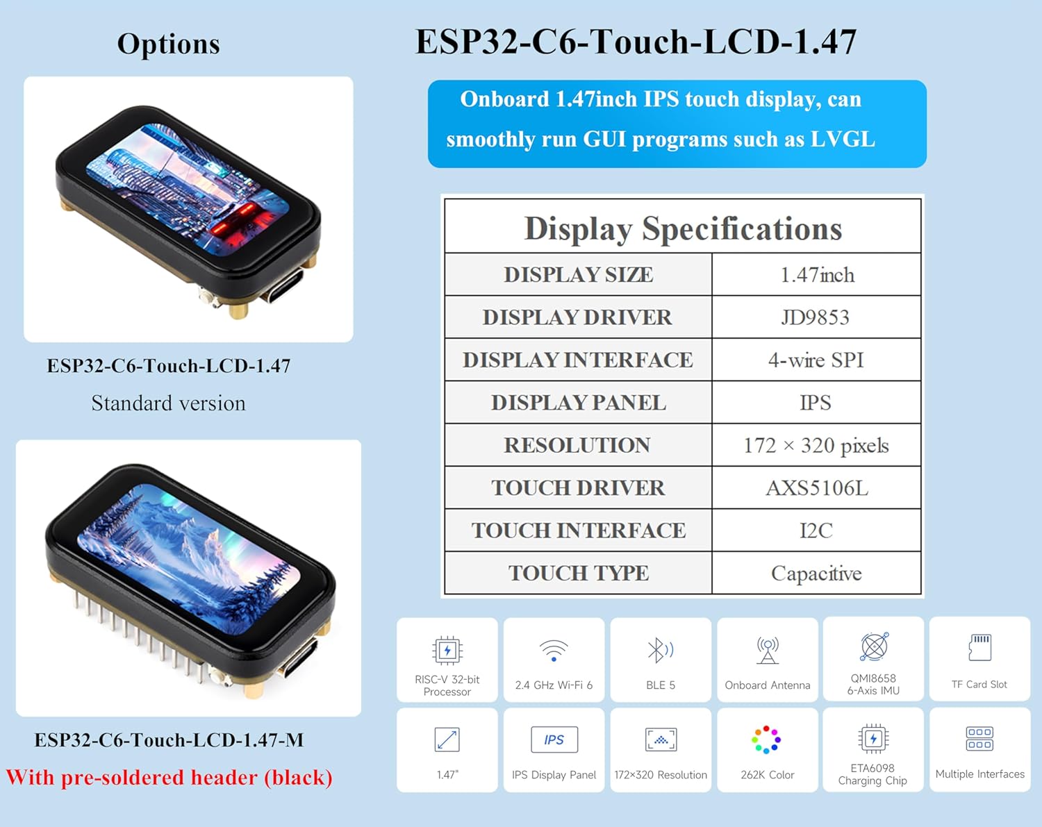 ESP32-C6 1.47inch Touch Display Development Board, 172x320 Resolution IPS LCD, 262K Display Color, Supports W-F-i 6 / BLE 5, 160MHz RISC-V Processor, Type-C, Suitable for AIoT Applications