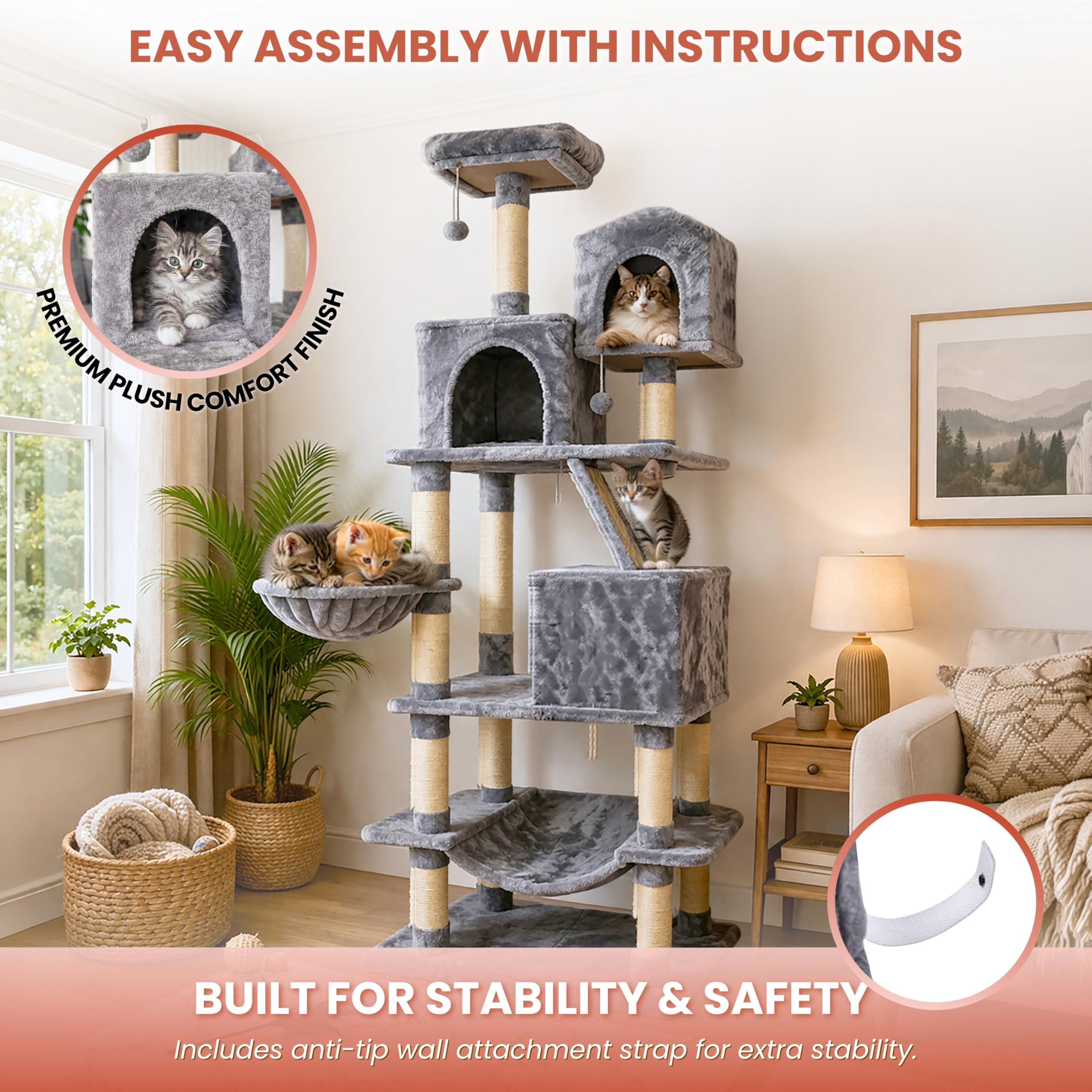 Garden Mile Torre de árbol de lujo extra alta de 2 m para gatos grandes, centro de actividades para gatos de varios niveles con 13 postes rascadores de sisal, rampa para rascar, 3 casas, hamacas