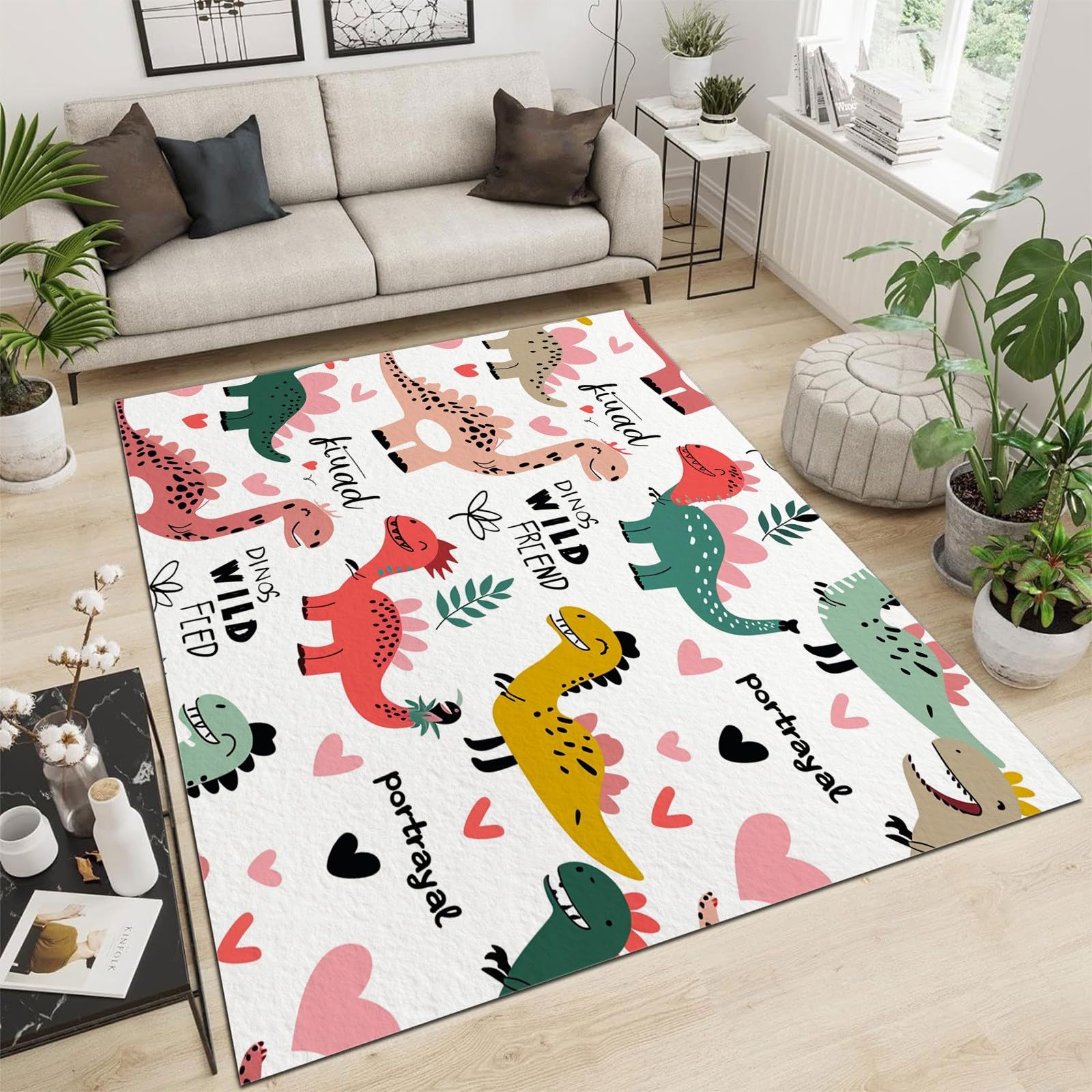 Generisch Teppich Wohnzimmer 3D Cartoon-Dinosaurier 120x170 cm Teppich Rutschfester Weich Carpet Bodenmatte Fußmatte für Jugendzimmer Esszimmer Schlafzimmer Küchenboden Flur
