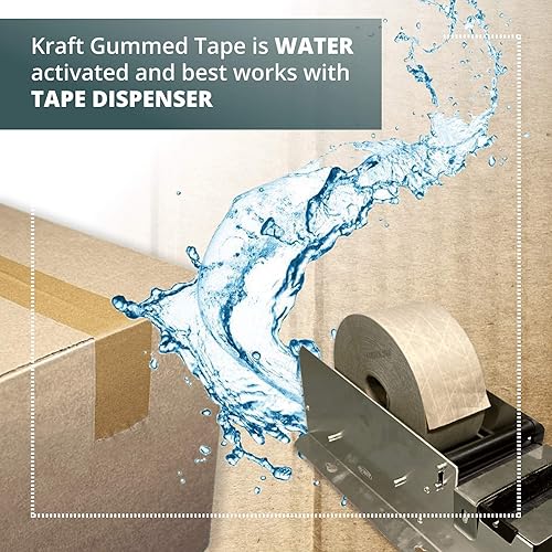 Vista 4 de IDL Packaging Dispensador con 2 rollos de cinta adhesiva Kraft reforzada activada por agua, depósito de agua y cepillo humedecedor Dispensador