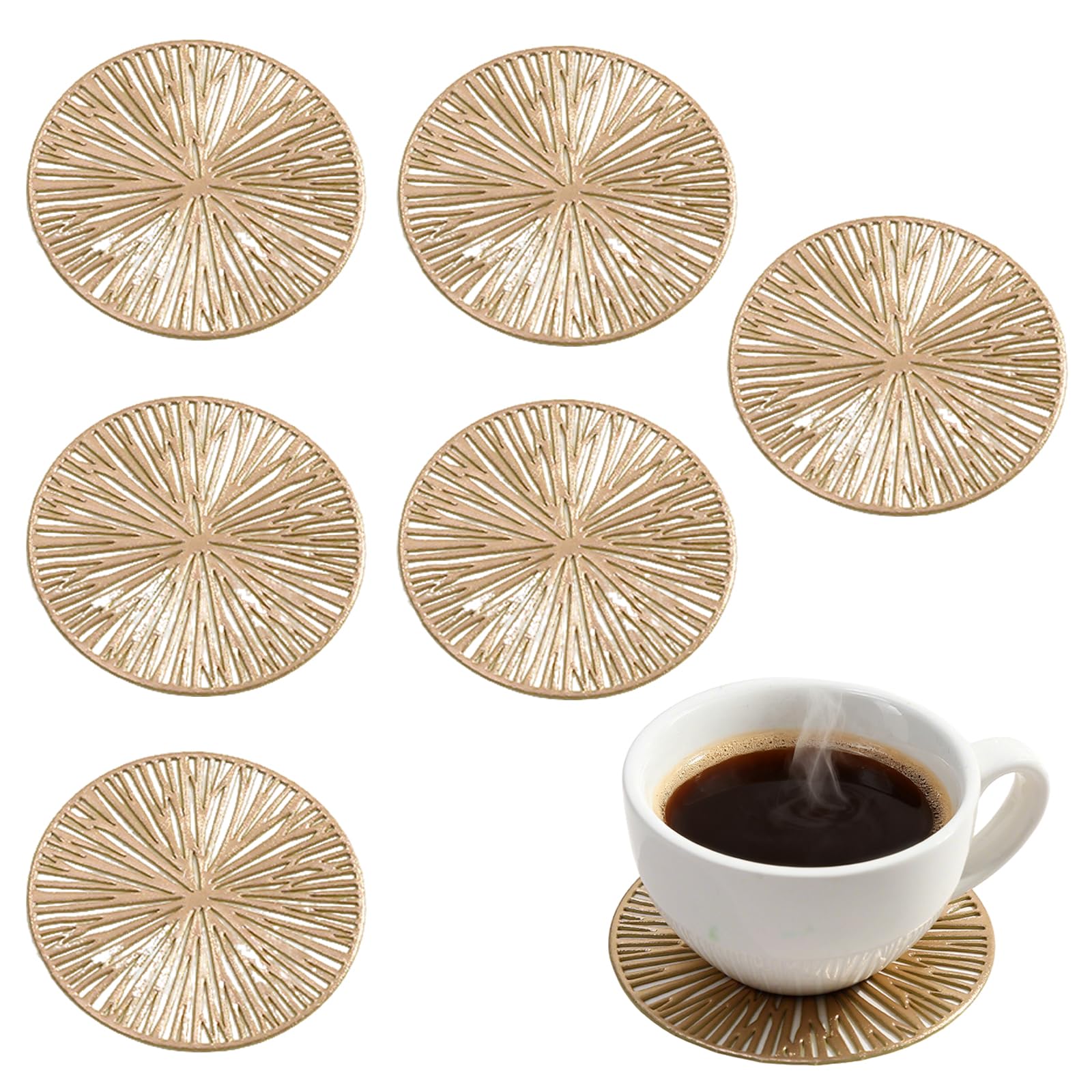 VBSYUYQ 6 Pack Gold Round Drink Coasters, Non-Slip Waterproof PVC Cup Mats, Heat Resistant Reusable Coasters for Home, Garden, Patio, Bar & Coffee Table