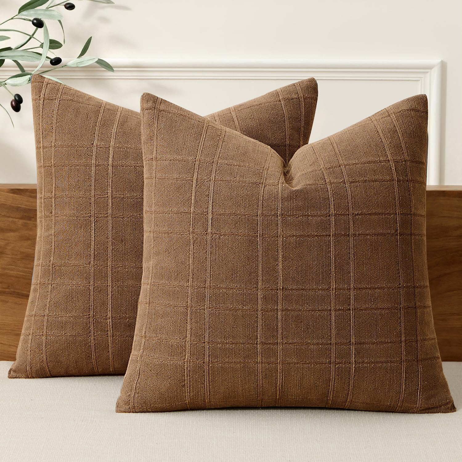 MIULEE Linen Plaid Pillow Covers Fall Decorative 18x18 Camel Brown