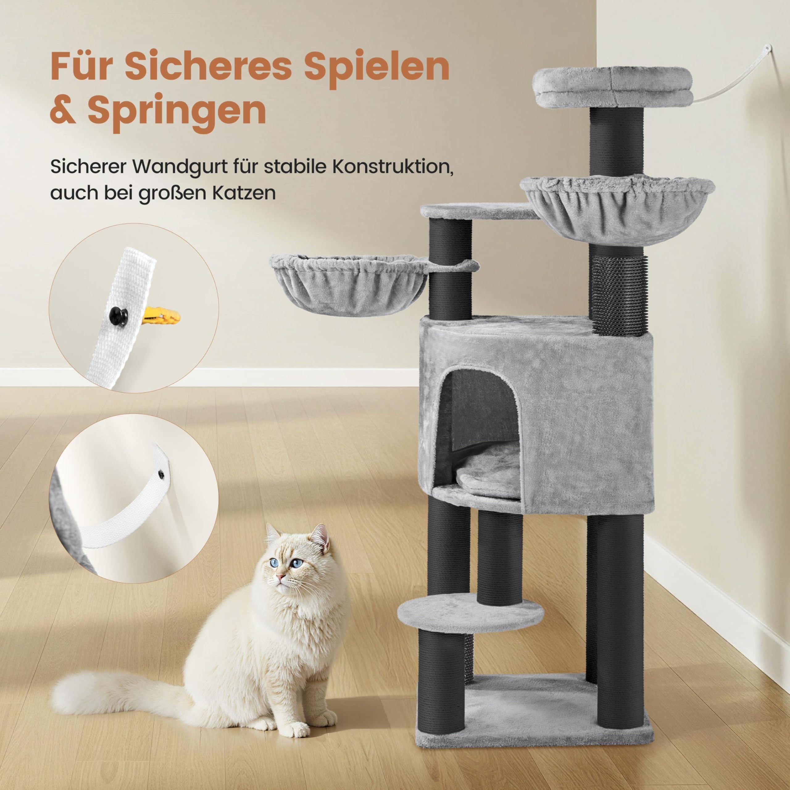 Yaheetech Kratzbaum groß Katzenbaum 11cm Dicke Kratzsäulen hellgrau schwarz | FSC-zertifizierte Spanplatten | Stabil für Mehrkatzenhaushalte | mit Kippsicherung | Sicher&Unerschütterlich | 20kg belastbar