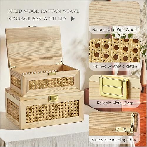 Miniatura 2 de Cajas de almacenamiento decorativas de ratán macizo, cestas tejidas de madera maciza con tapa, caja de joyería de memoria para recuerdo, estante