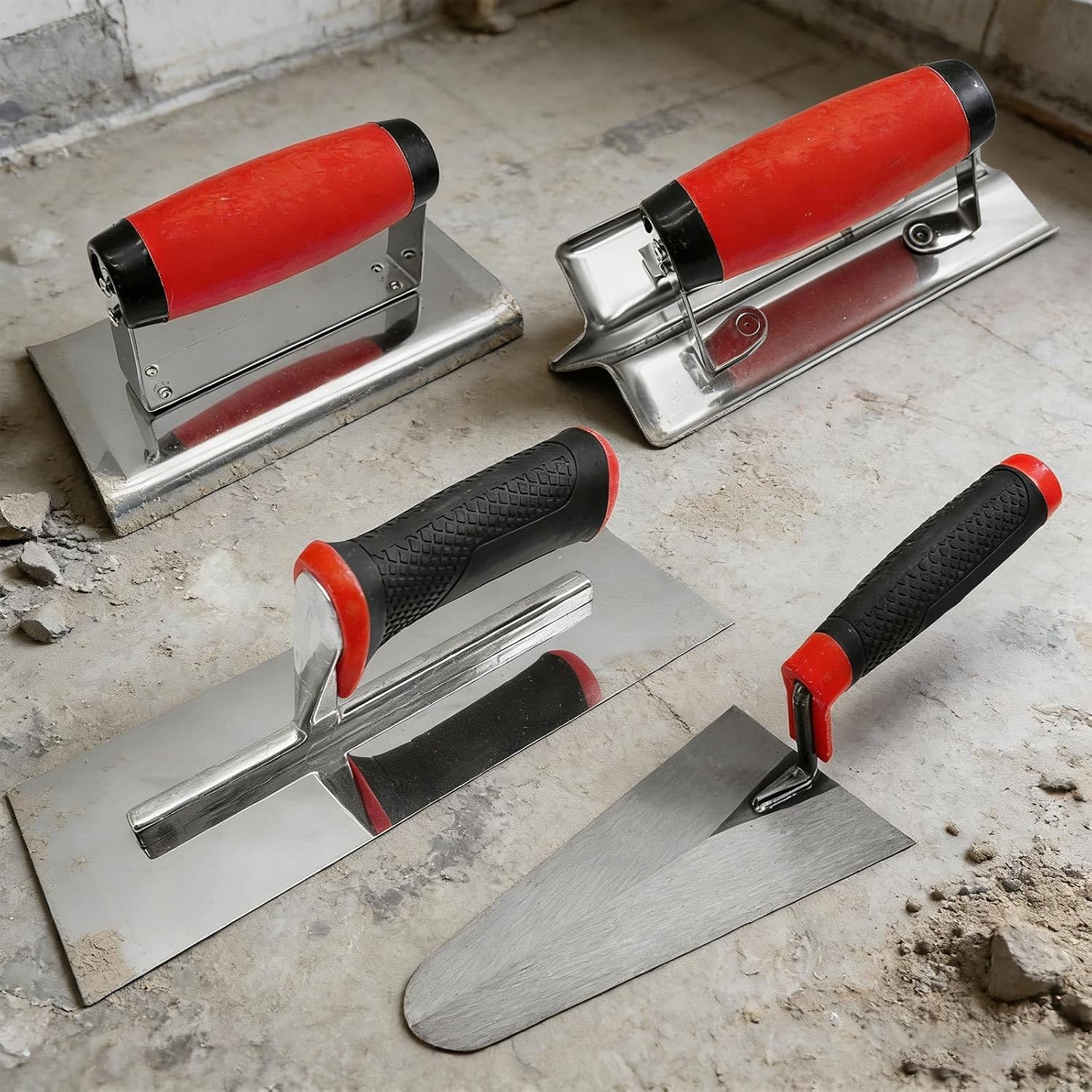 4 PCS Concrete Tool Set, Finishing & Gauging Trowel, Edger Groover | Flat Plastering Trowel, Margin Trowel, Concrete Edger and Groover, Stucco Cement Kit Masonry Construction Hand Tool