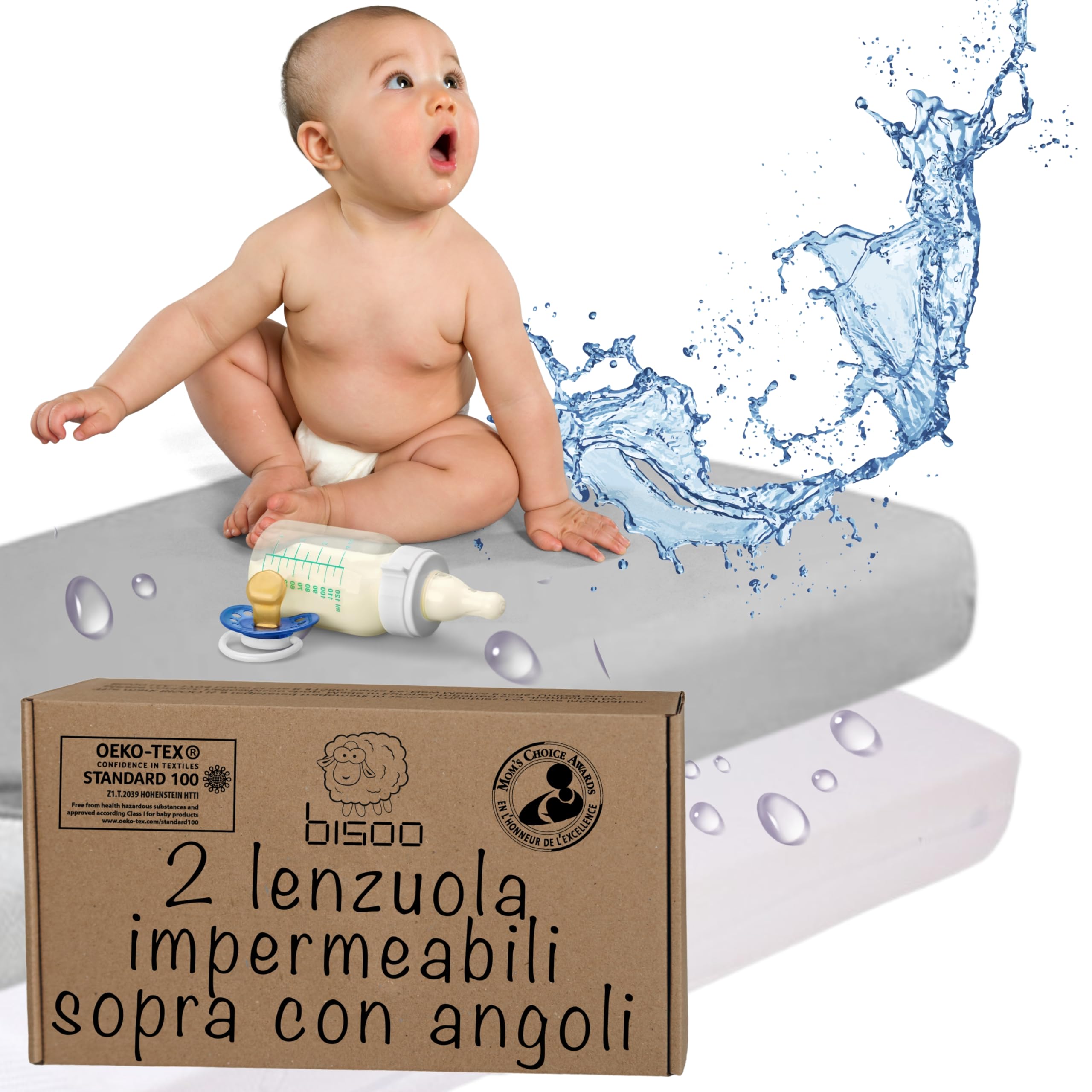Bisoo Lenzuolo Magico Cotone Jersey Impermeabile 160x80 2 Pezzi Bianco Grigio OekoTex