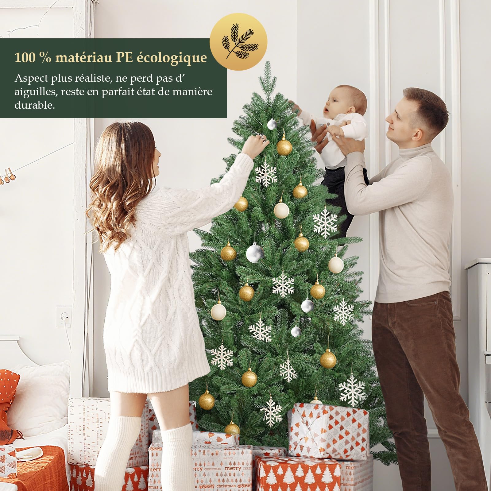 SALCAR Sapin de Noël Artificiel de qualité supérieure - 180 cm - en 100% polyéthylène - Vert Naturel - Couleur et Forme Stables - sans Odeur - Pas de Perte d'aiguilles