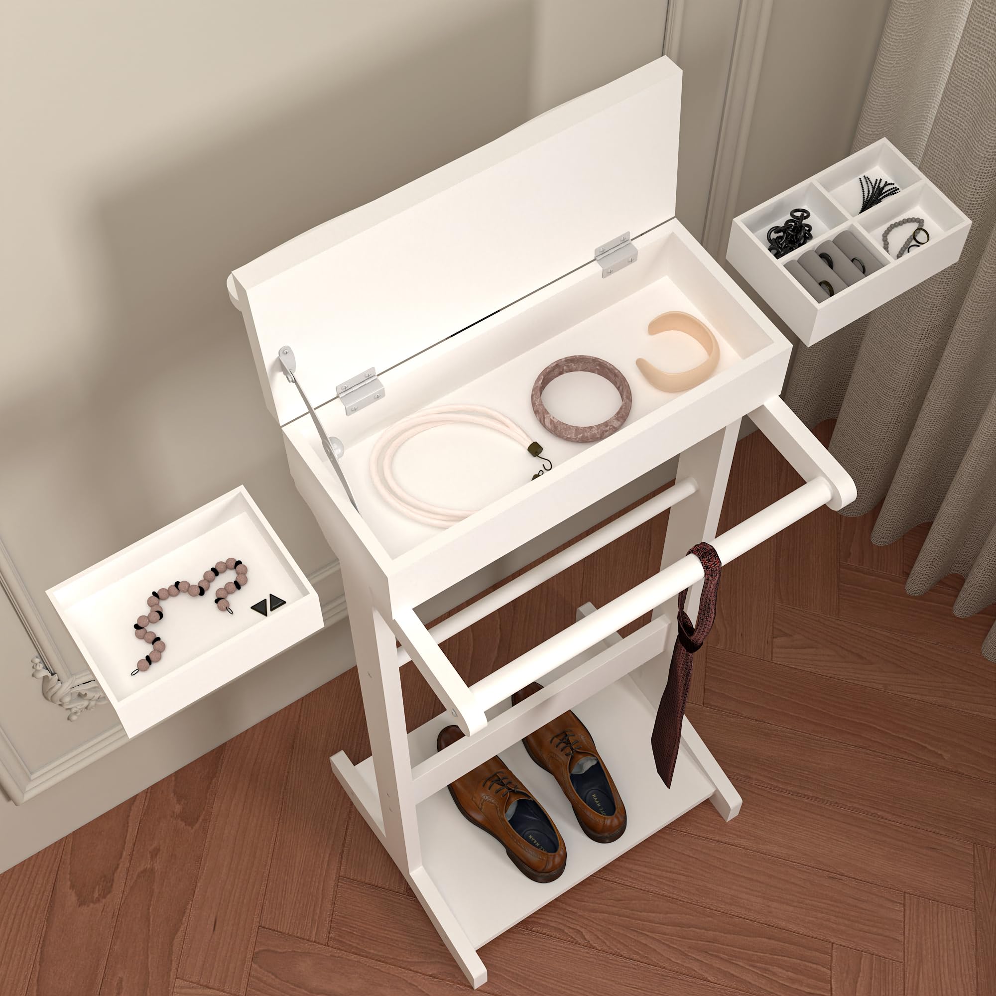 Porte-vêtements en bois avec base robuste, porte-manteau multifonction avec tiroir supérieur et compartiments de rangement pour bureau, chambre à coucher, salon