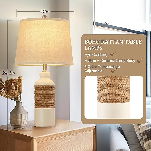 Miniatura 9 de Juego de 2 lámparas de mesa táctiles regulables de 3 vías, lámpara de mesita de noche de ratán costero con 2 puertos USB y salida de CA, lámpara de