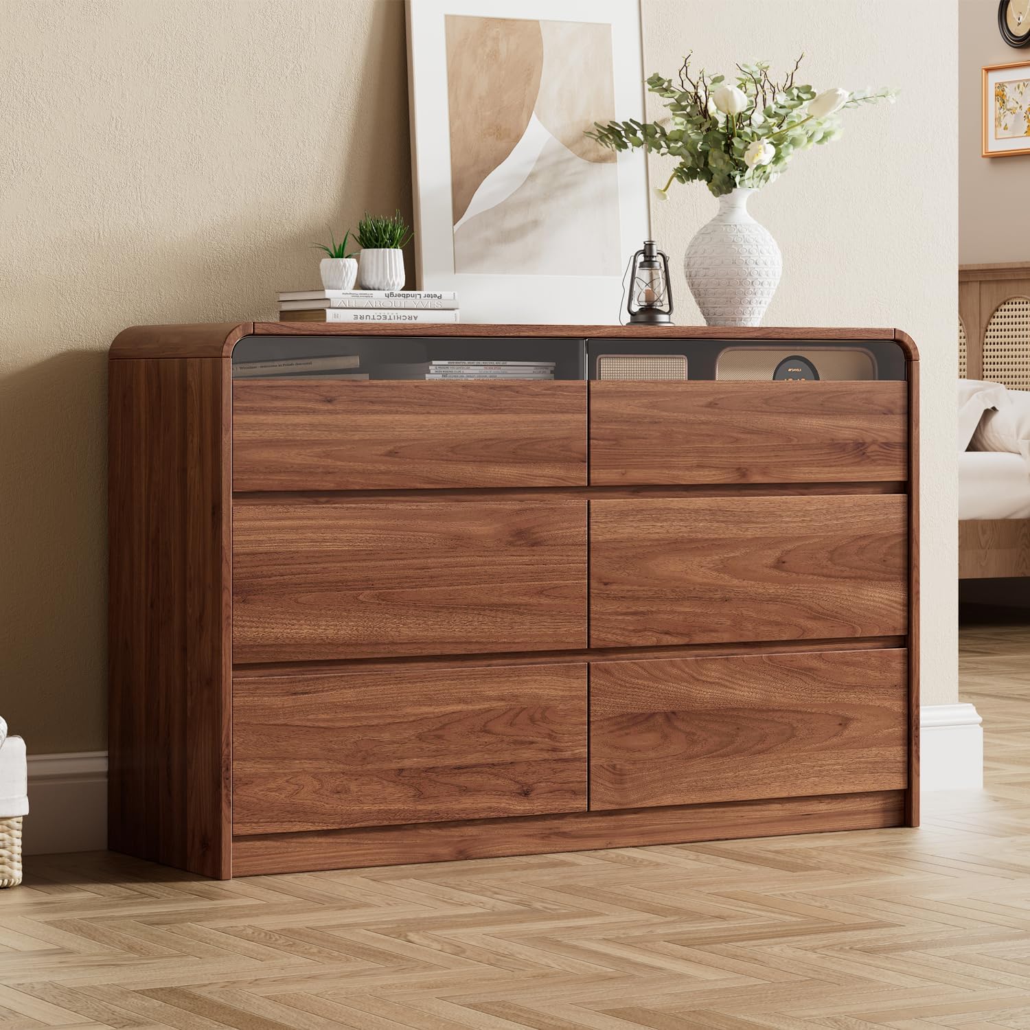 47.2" Dresser with 6 Drawer, Wide Dresser with Recessed Glass Display & Silent Metal Rails, Handleless Chest of Drawers for Clothes, and Bedding, Walnut