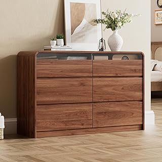 47.2" Dresser with 6 Drawer, Wide Dresser with Recessed Glass Display & Silent Metal Rails, Handleless Chest of Drawers for Clothes, and Bedding, Walnut