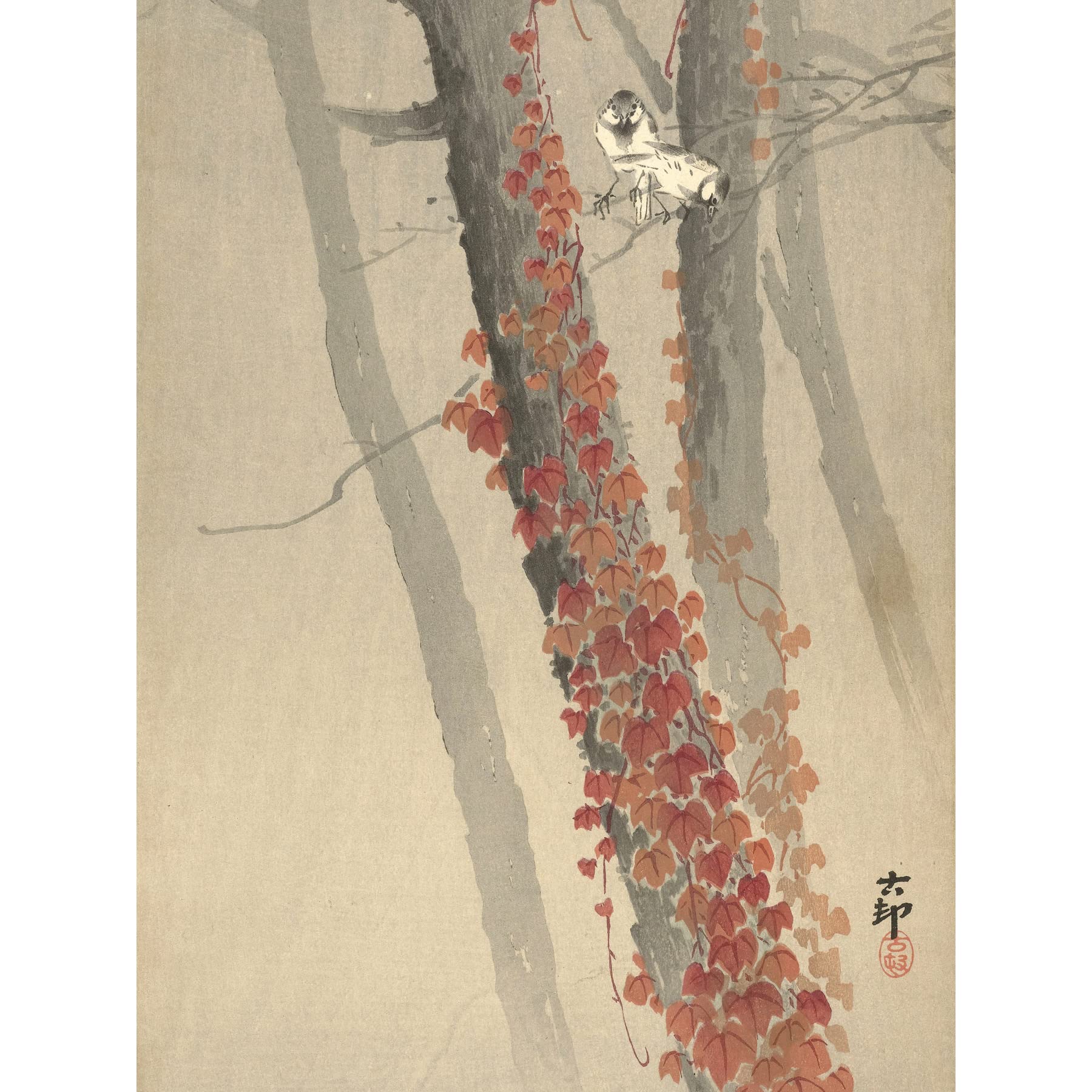 Artery8 Ohara Koson Red Ivy Japanese Painting Large XL Wall Art Canvas Print