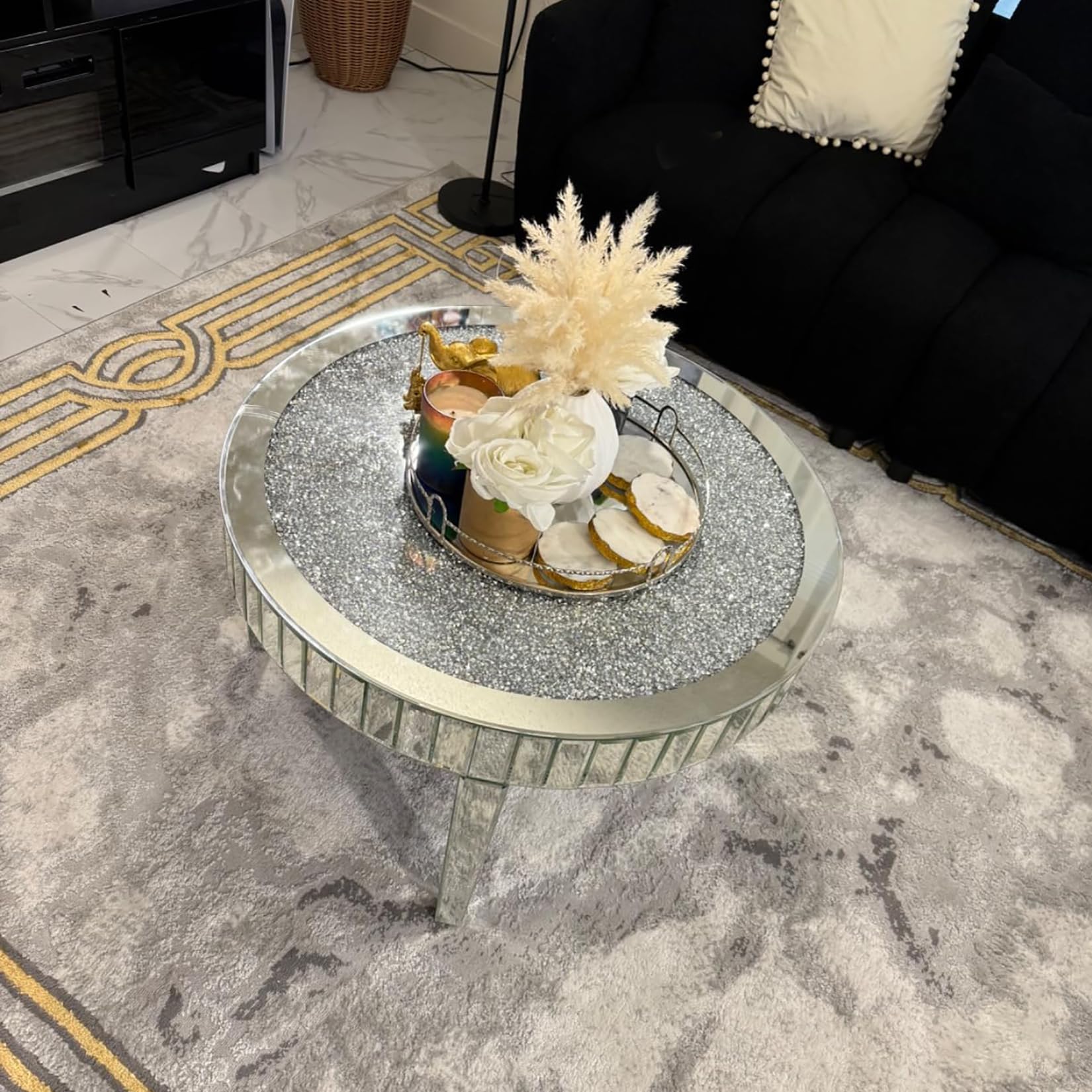 Mesa de Centro Redonda de Espejo y Diamantes: Mesa Cafe Baja Barroca Plateada Brillante Decorativas para Sofá Salón Habitacón Oficina 80x80x46cm