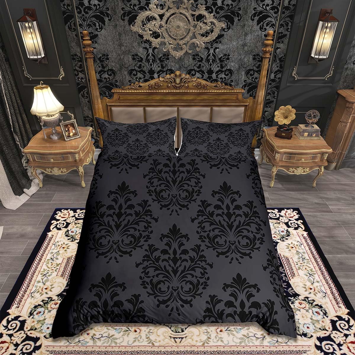 Loussiesd Black Gothic Floral Duvet Cover Set Single Size For Kids Boys Girls Vintage Damask Floral Print Bedding Set Bohemian Style Duvet Cover with 1 Pillowcase Luxury Jacquard Bedding โ image 1