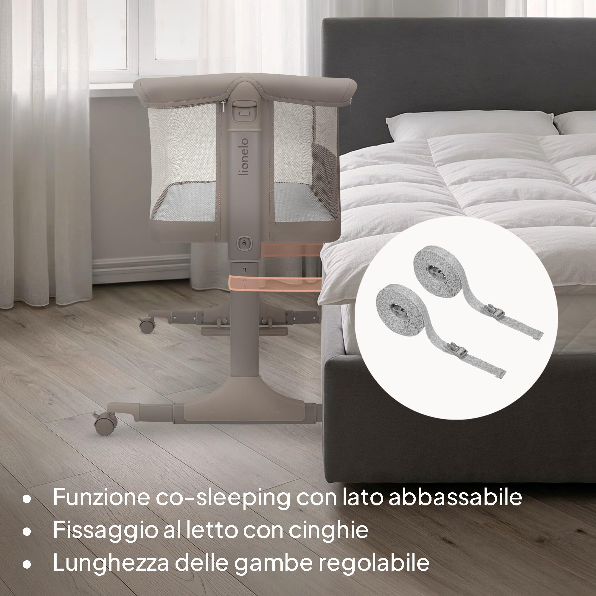 lionelo PARI Culla Co Sleeping Fianco Letto 3 in 1, Regolabile in Altezza 6 Livelli, Materasso T25 2 cm, Ruote con Blocco e Dondolo, Gambe Regolabili per Letto Continentale, Rivestimento Lavabile