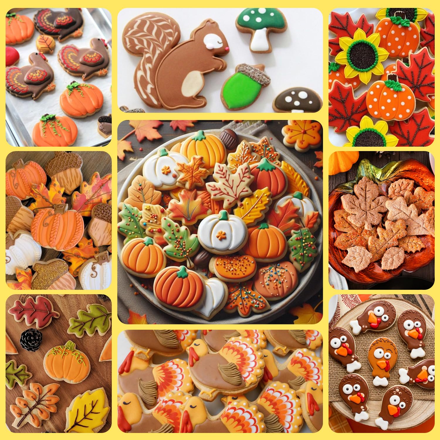 Juego de cortadores de galletas de Acción de Gracias, 21 piezas de acero inoxidable, cortadores de galletas de otoño, formas de pavo, calabaza, hoja de arce, ardilla, bellota, hongos, caramelos, maíz,