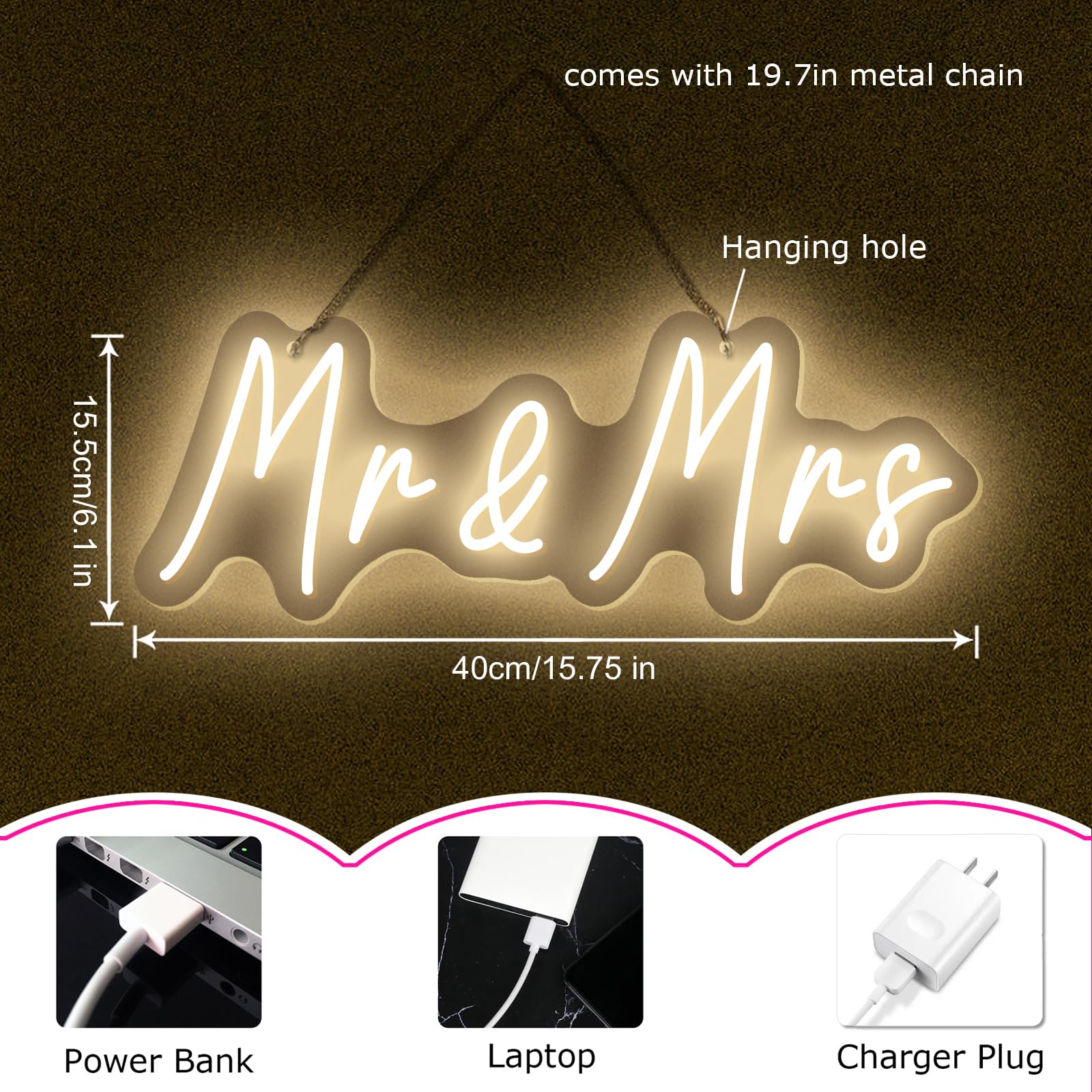Mr&Mrs LED Neon Sign Wedding & Reception Decor Illuminating Wall Art New Couples Gift Cool LED Sign with 5V Power Supply - Image 3