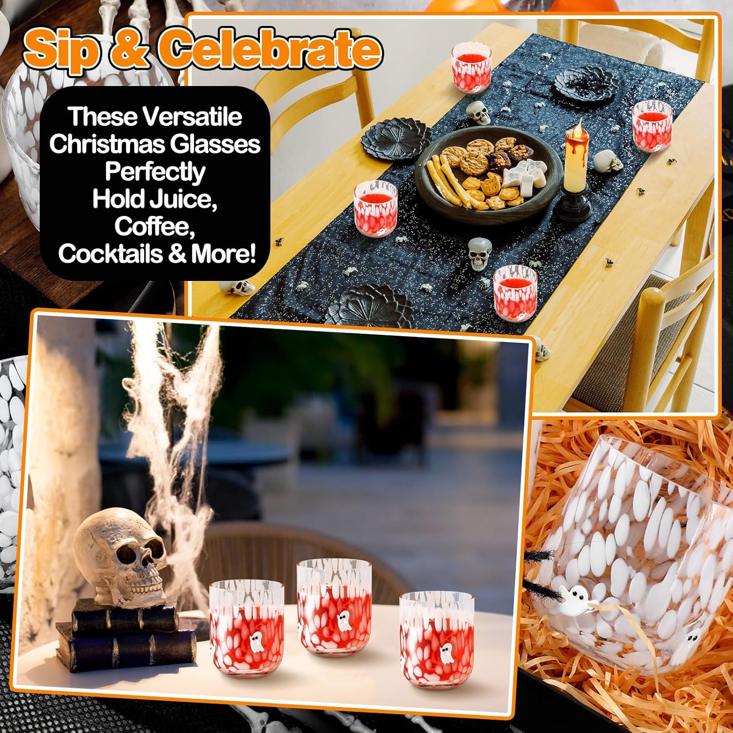 4 Pcs Thanksgiving Fall Icon Glass Cup 14 oz Icon Glass Cups Wine Stemless Double Old Fashioned Blown Cocktail for Women Friends Lovely Halloween Gifts(Ghost) - Image 6