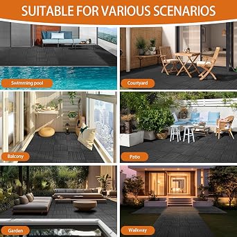 Polymer Interlocking Composite Deck Tiles Outdoor(10Pcs,Black) | 12x12