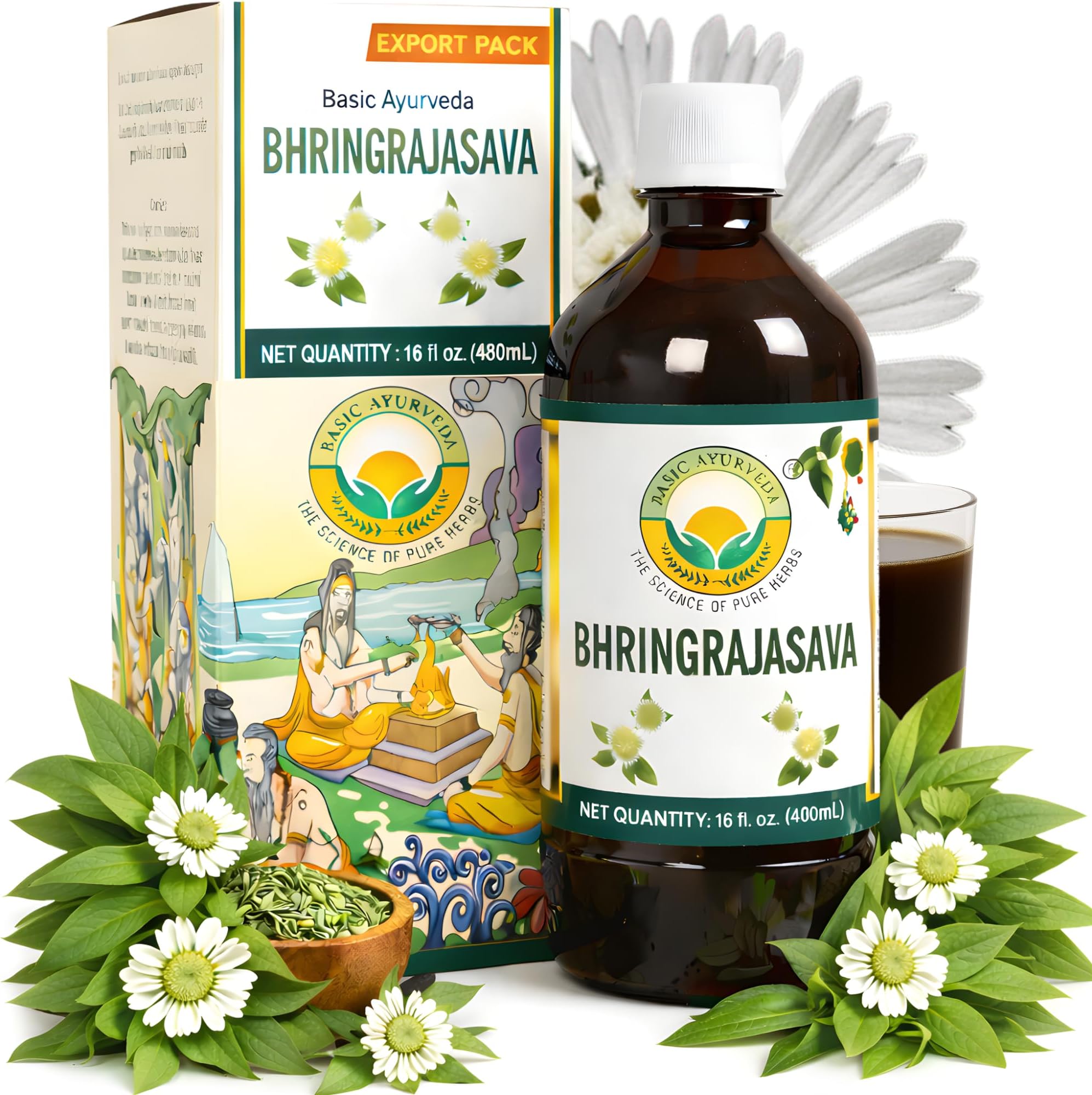BASIC AYURVEDA Bhringrajasava Drink | 16.23 Fl Oz (480ml) | Natural Bhringraj Ayurvedic Hair Tonic | Supports Hair Growth, Scalp Health & Immune System | No Added Sugar