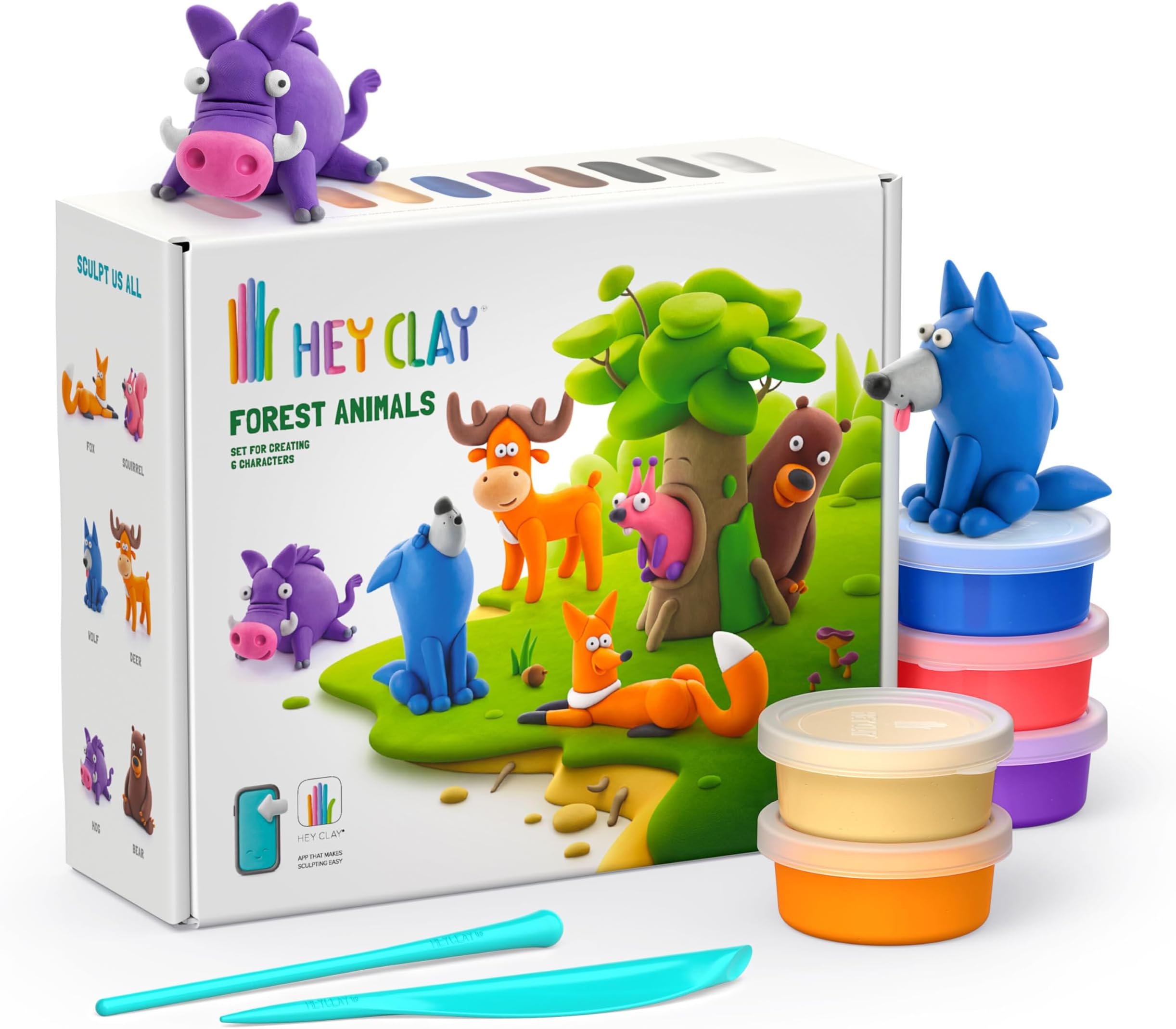 Hey Clay Forest Animals Set - Colourful Modeling Kids - Air Dry Clay Kit 15 cans and Sculpting Tools with Fun Interactive Instructions App