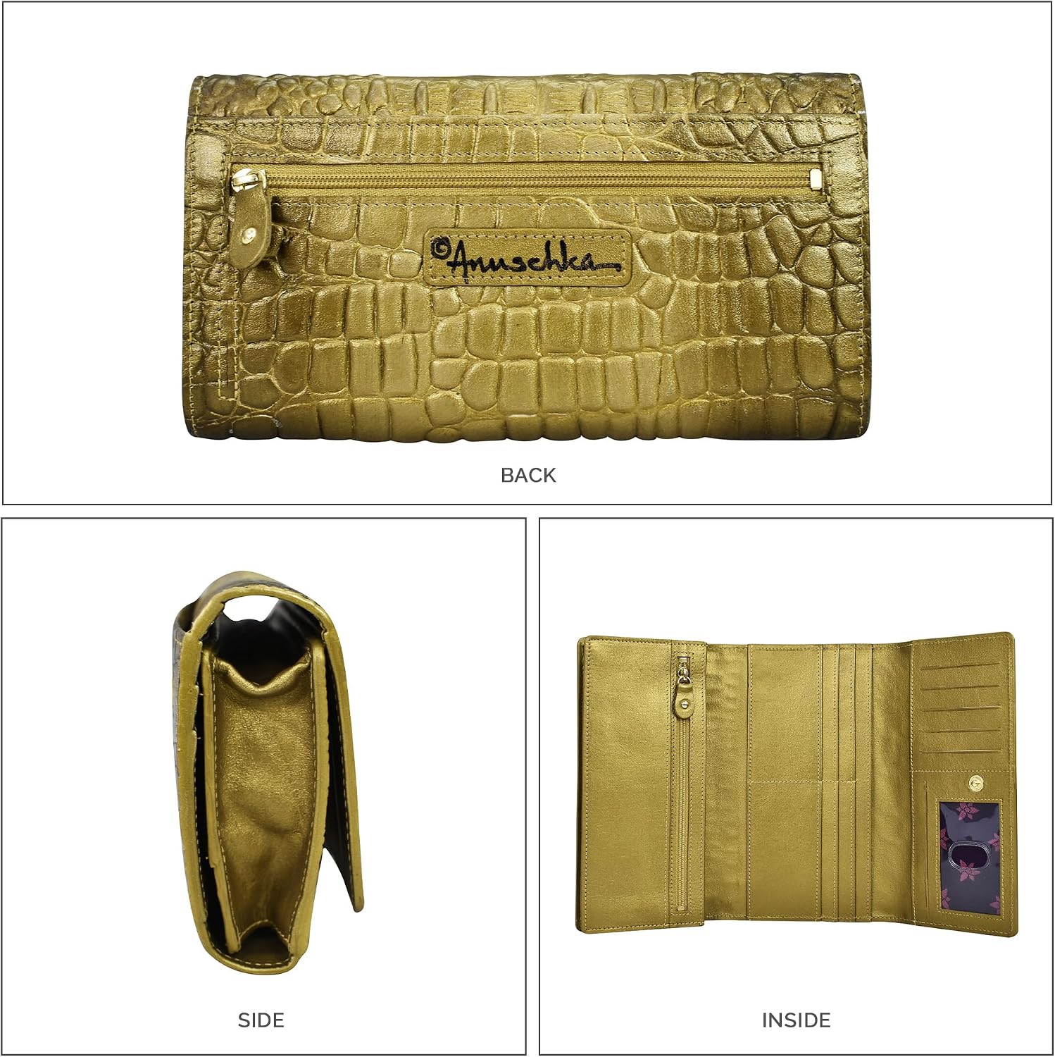 Anuschka Women’s Hand-Painted Genuine Leather RFID Blocking Three Fold Wallet - Crocodile Embossed