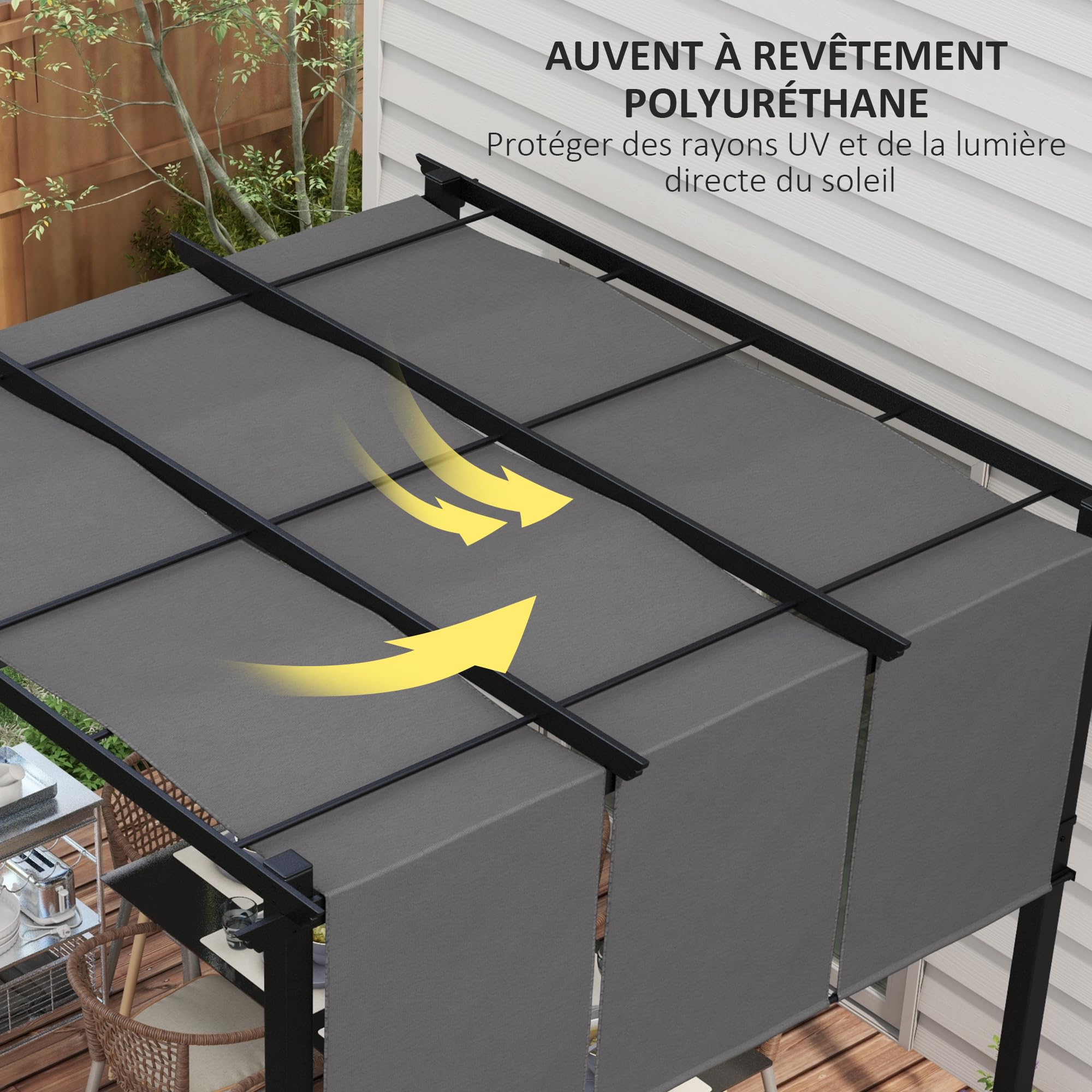 Outsunny Pergola avec 3 Toiles Coulissantes 3 x 3 x 2,38 m, Structure Acier Noir, Toile Polyester Haute Densité Gris Foncé