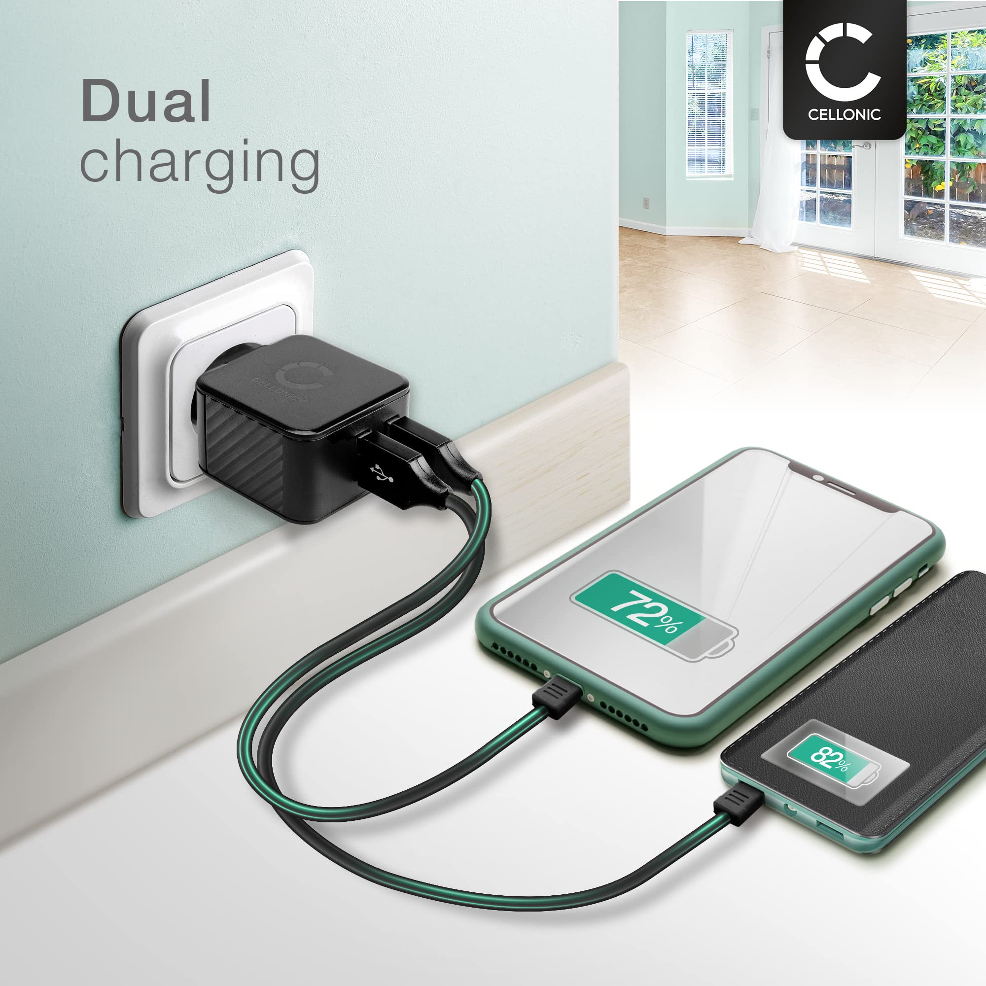 CELLONIC 2-drożna ładowarka USB: 3,4 A, 17 W ładowarka do telefonu komórkowego, smartfona, tabletu, podwójna wtyczka do ładowania: podwójne złącze - wielokrotny adapter do ładowania, gniazdko