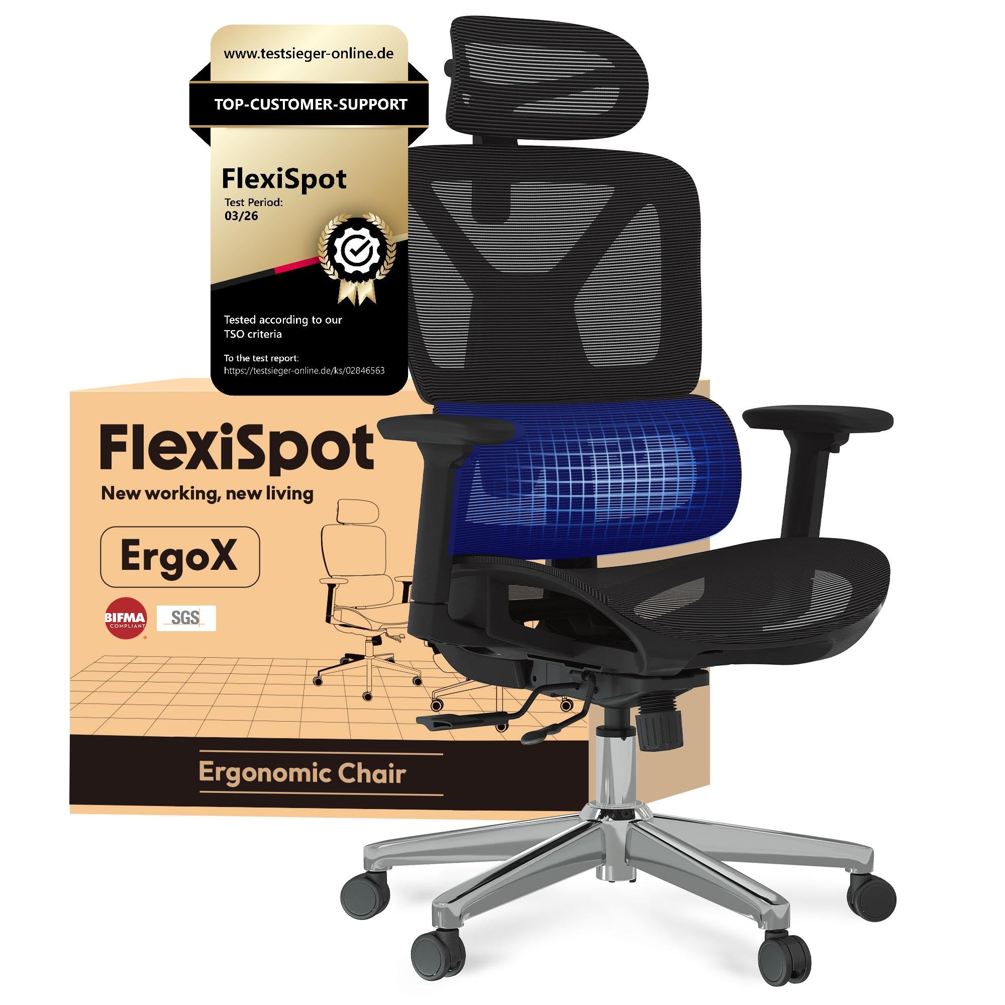 FLEXISPOT Ergonomischer Bürostuhl Schreibtischstuhl, 3D-Armlehnen, 3D-Kopfstütze, 5D-verstellbare Rückenlehne, Atmungsaktiver Sitz Belastbar bis 136 kg Arbeitsstuhl, ErgoX, Schwarz