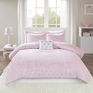 MI ZONE Rosalie Comforter Ultra-Soft Microlight Plush Metallic Printed Hearts Brushed Reverse Overfilled Down Alternative Hypoallergenic All Season Bedding-Set, Full/Queen, Pink/Silver