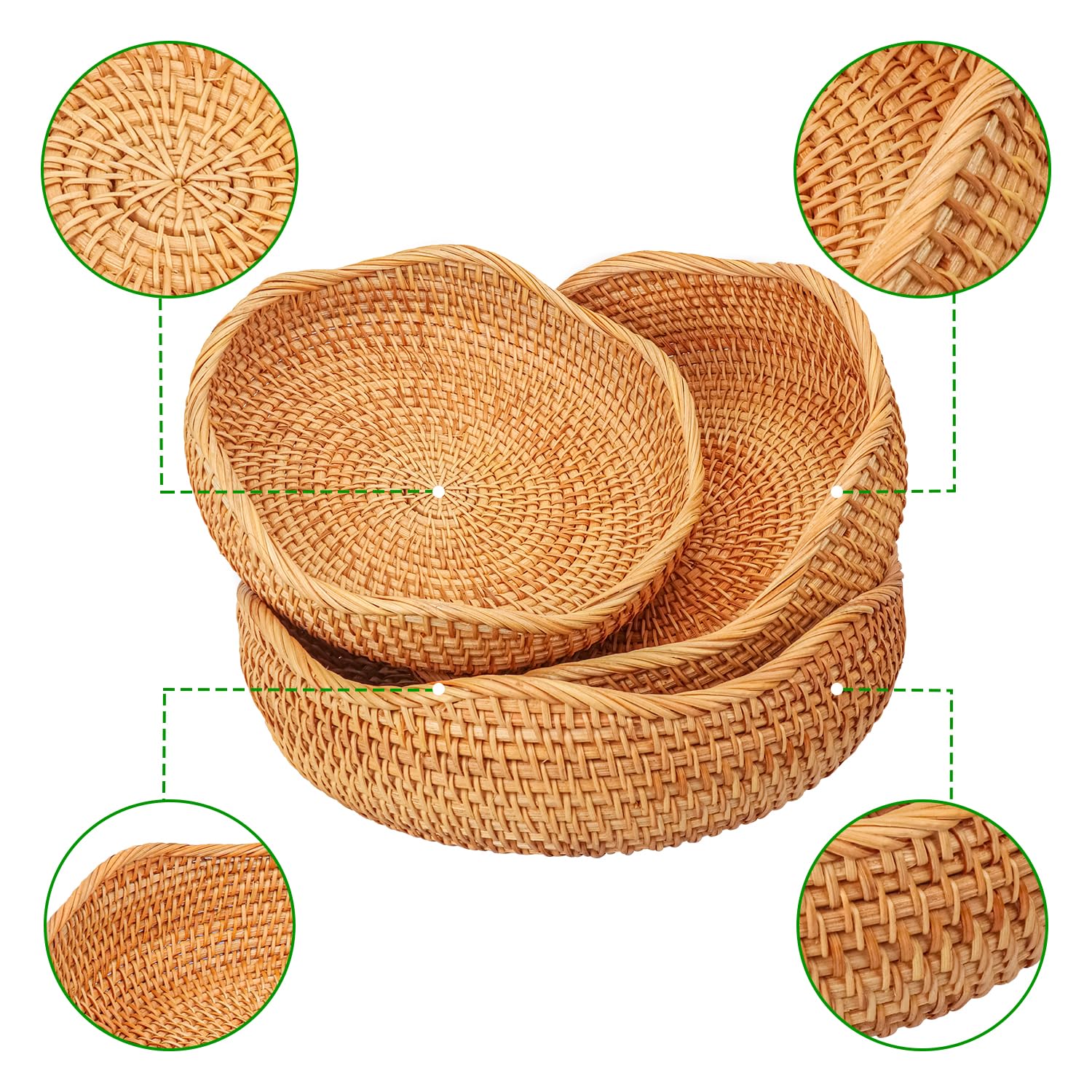3 cestas de pan de ratán, 3 tamaños, auténticas cestas tejidas decorativas hechas a mano para cocina, cestas redondas de frutas, elegantes cuencos tejidos para servir mesa, decoración de