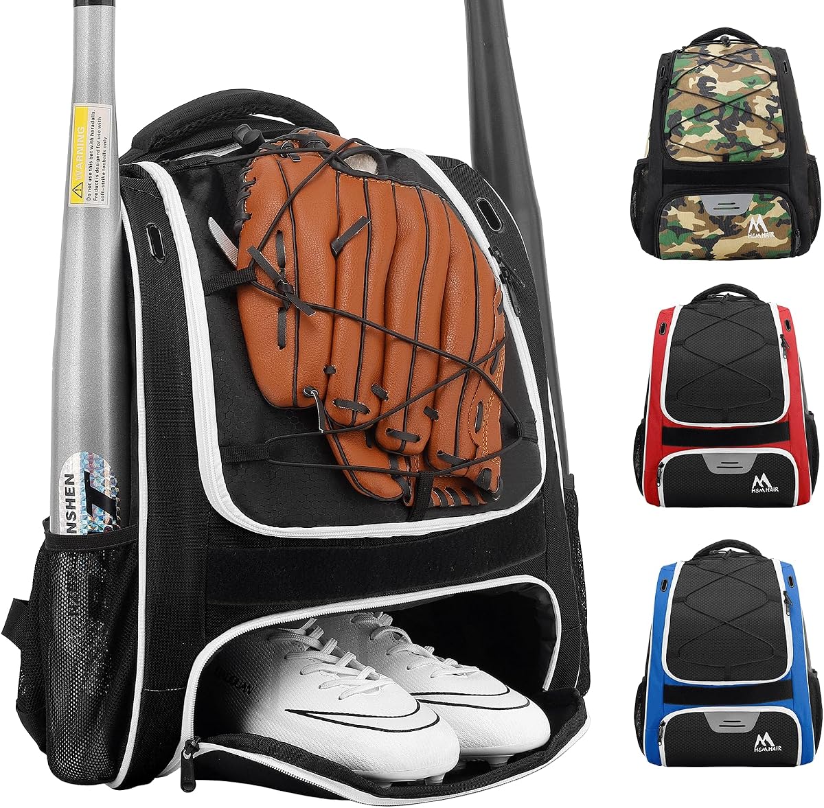 Bolsa de béisbol: soporte para mochila de béisbol, compartimento principal grande, pelota de softbol y equipo para jóvenes y adultos